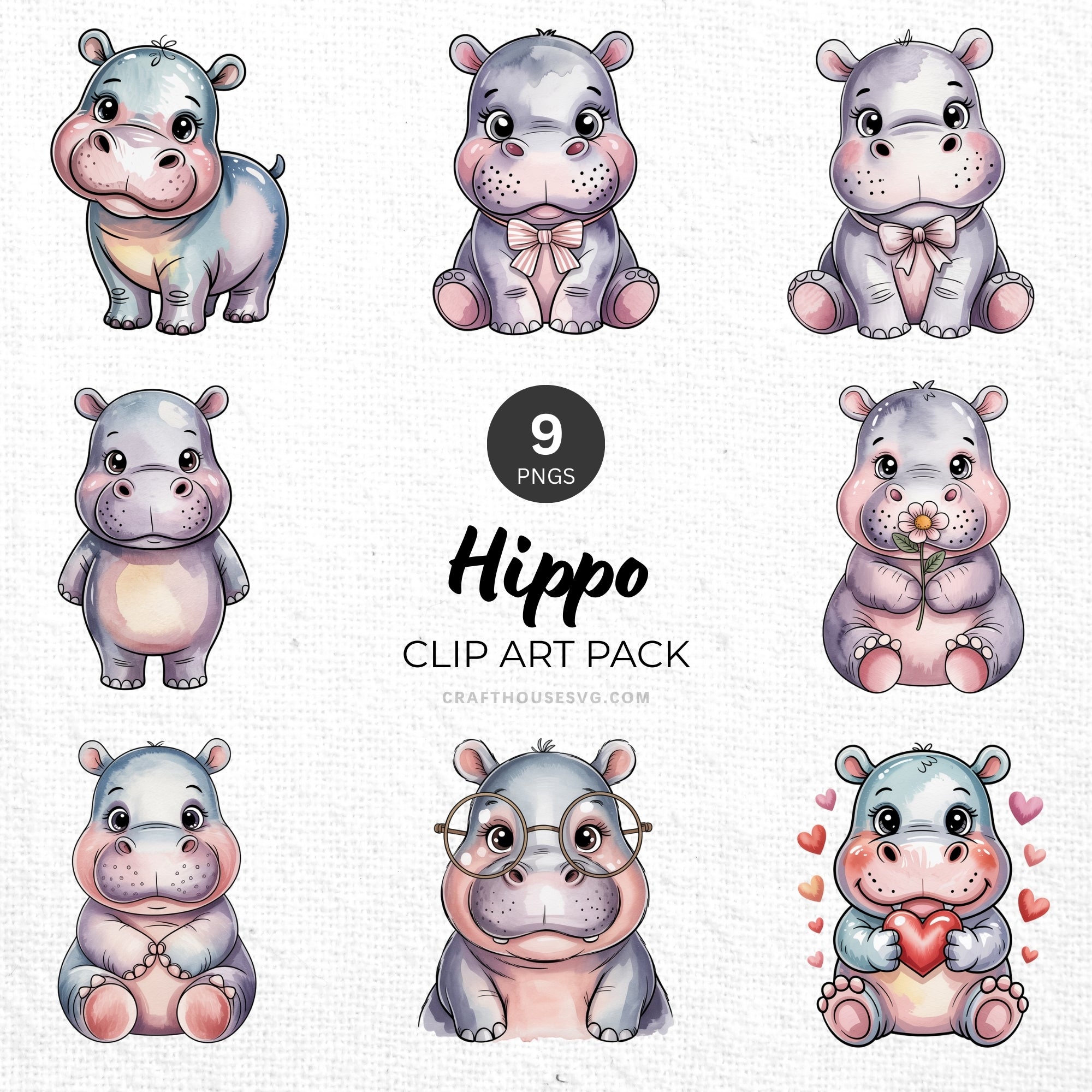 Hippo Clipart Pack Sublimation Bundle PNG - Craft House SVG