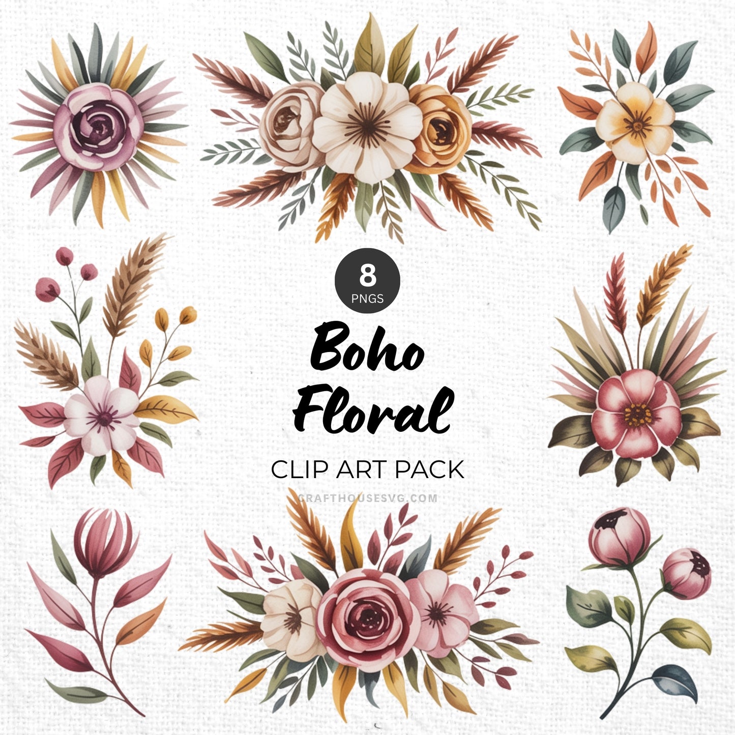 Boho Floral Clipart Pack Sublimation Bundle PNG