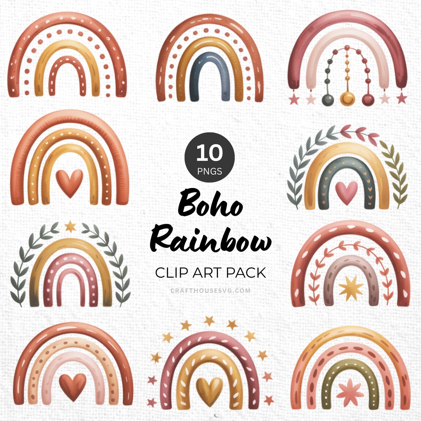 Boho Rainbow Clipart Pack Sublimation Bundle PNG
