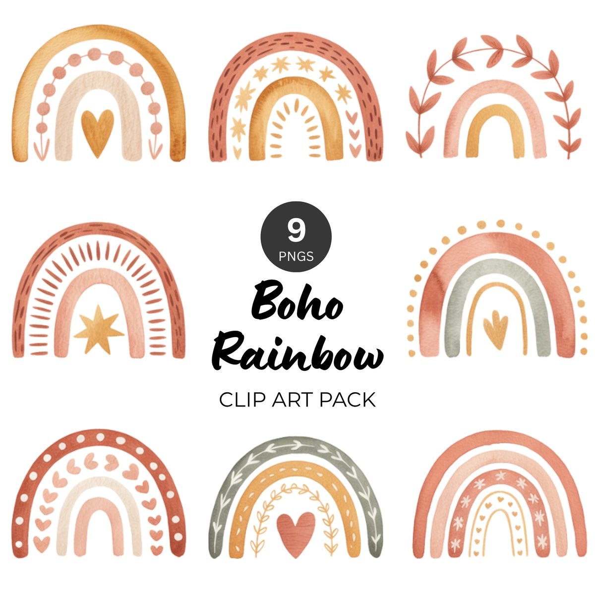 Boho rainbow PNG clipart pack featuring 9 earthy hand-drawn rainbows with hearts, stars, and leaves