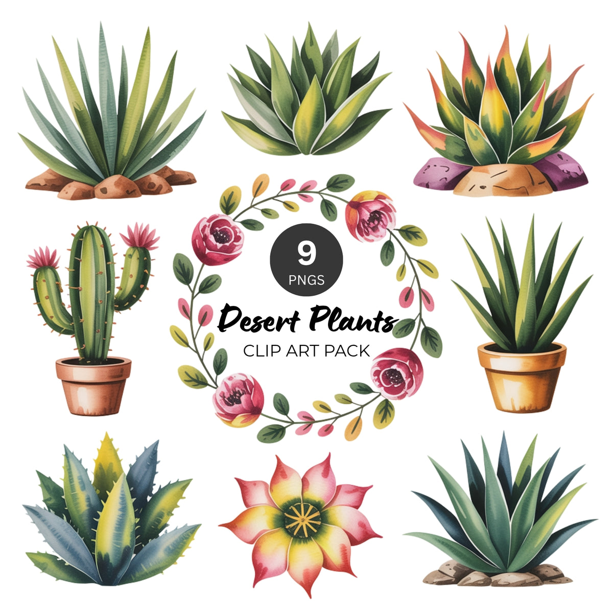 Desert plant PNG clipart pack featuring watercolor cacti, succulents, agave, aloe, and a desert flower.