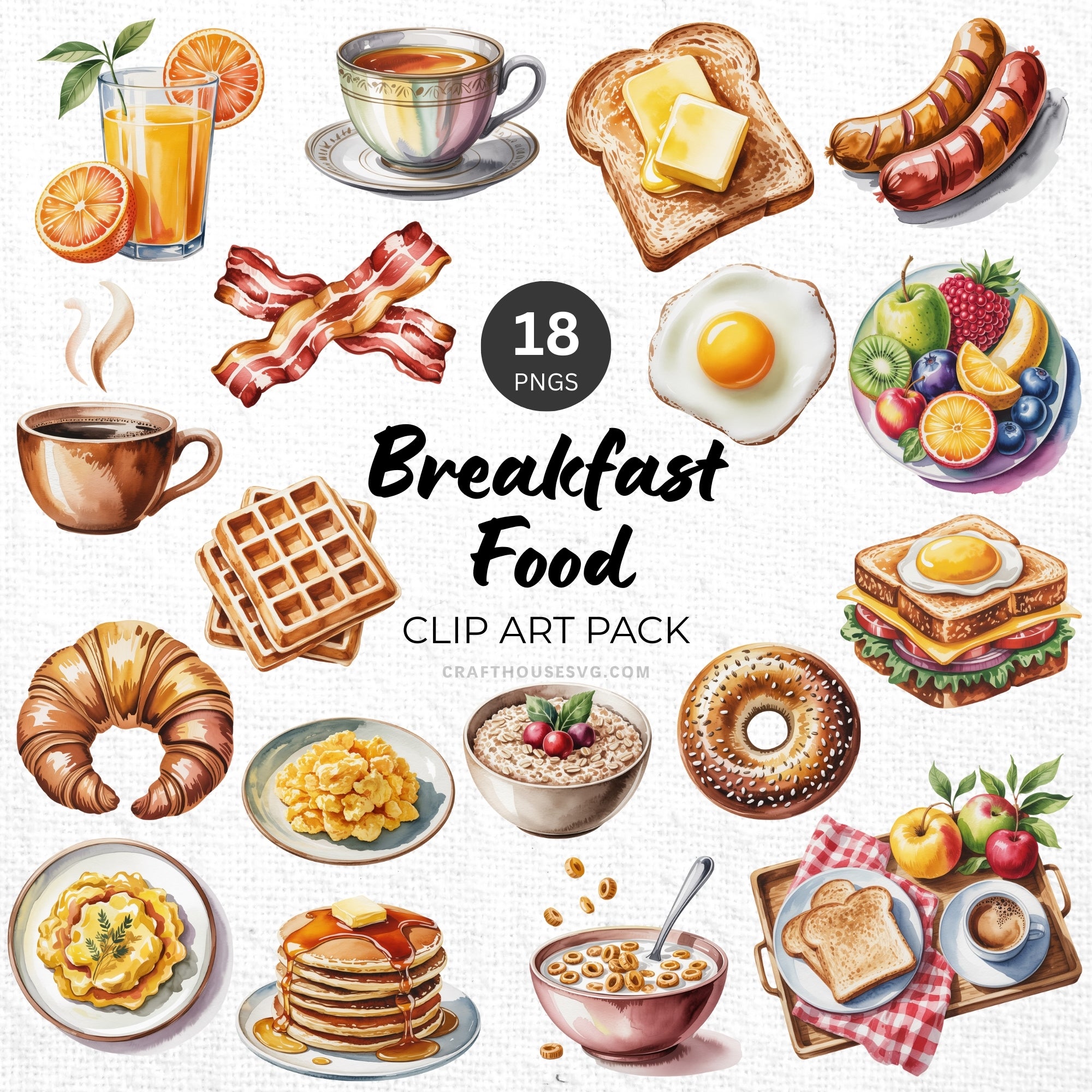 Breakfast Food Clipart Pack Sublimation Bundle PNG