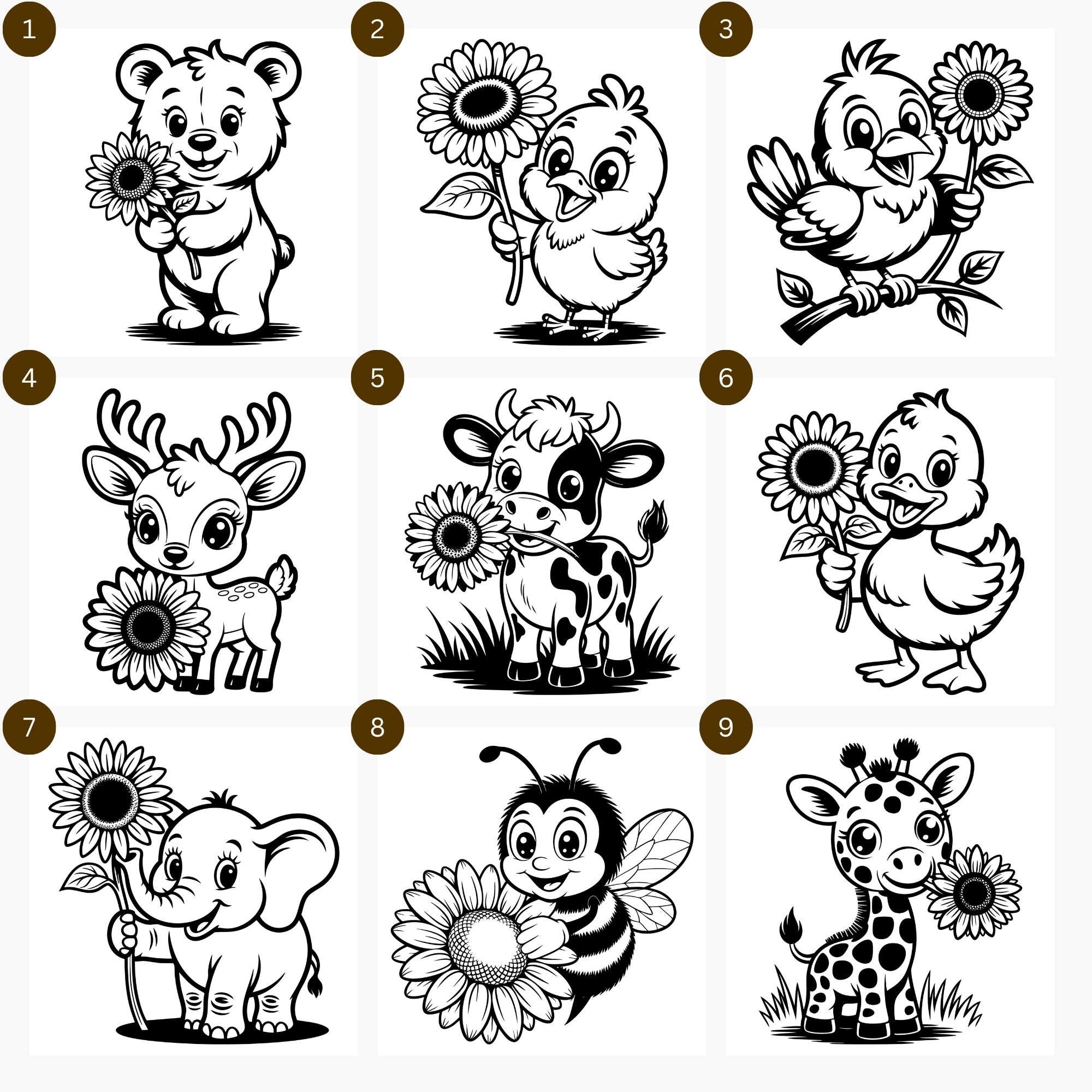 Illustrations of various animals holding flowers svg