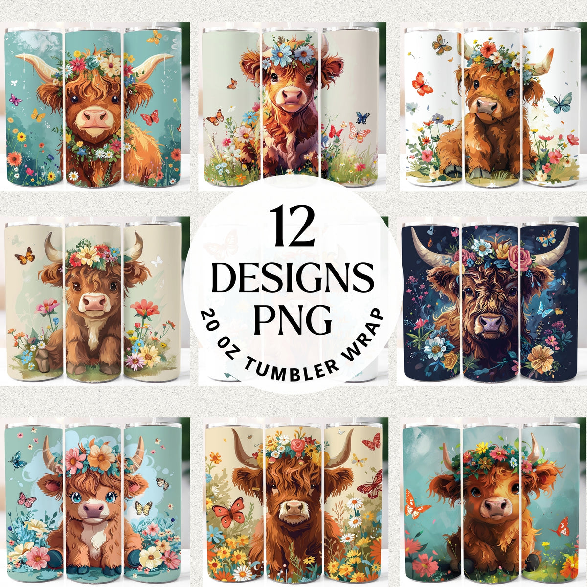 Floral highland cow 20 oz tumbler wrap PNG bundle with 12 cute cow designs, flowers, and butterflies