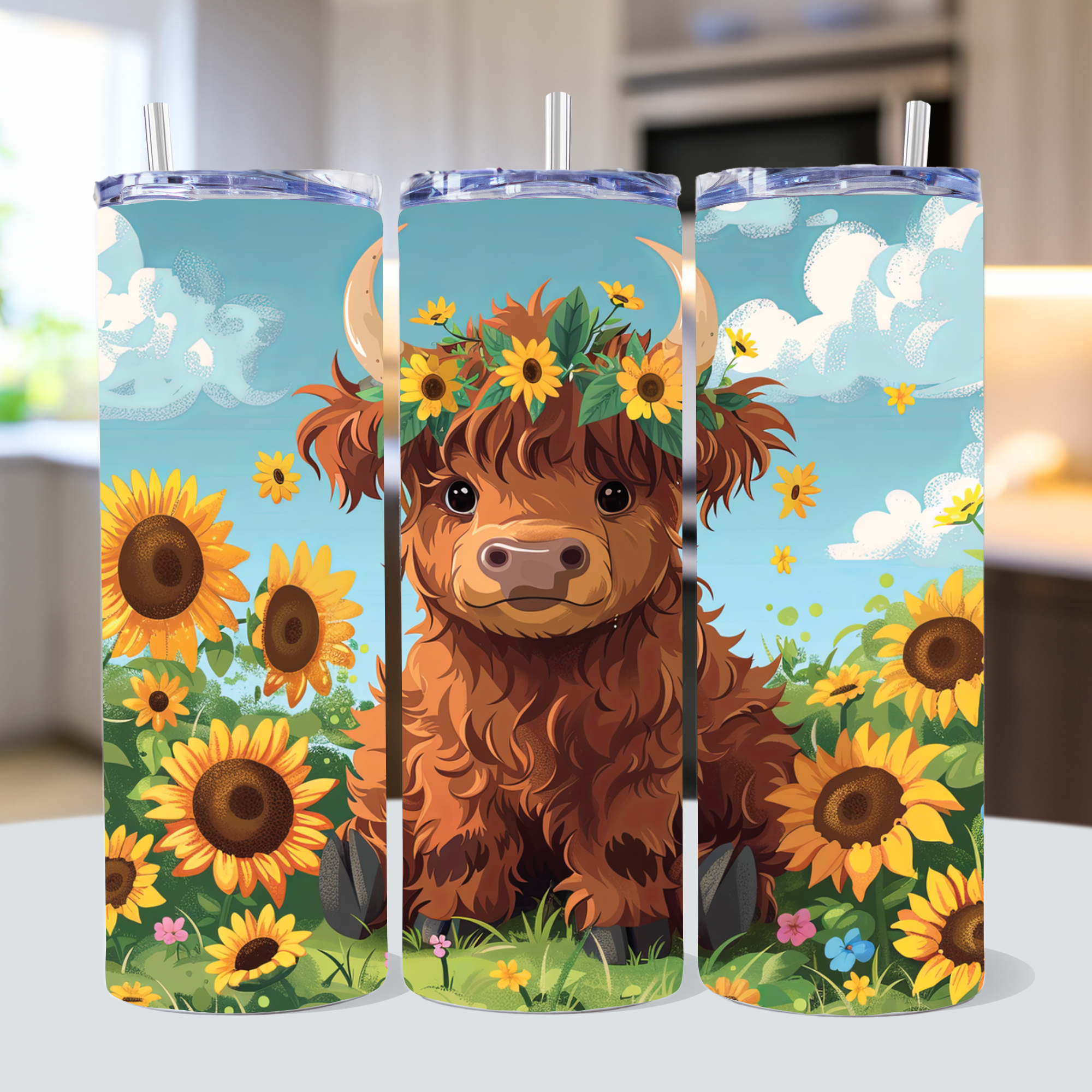 Sunflower Highland Cow Tumbler Sublimation Bundle PNG 20 oz