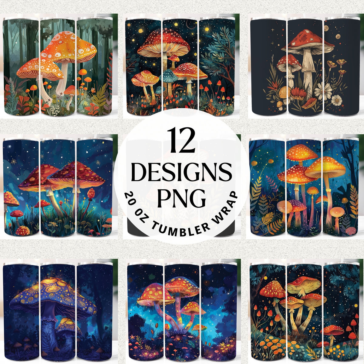 Mushroom 20 oz tumbler wrap PNG bundle with 12 whimsical forest toadstool designs in starry night and woodland scenes