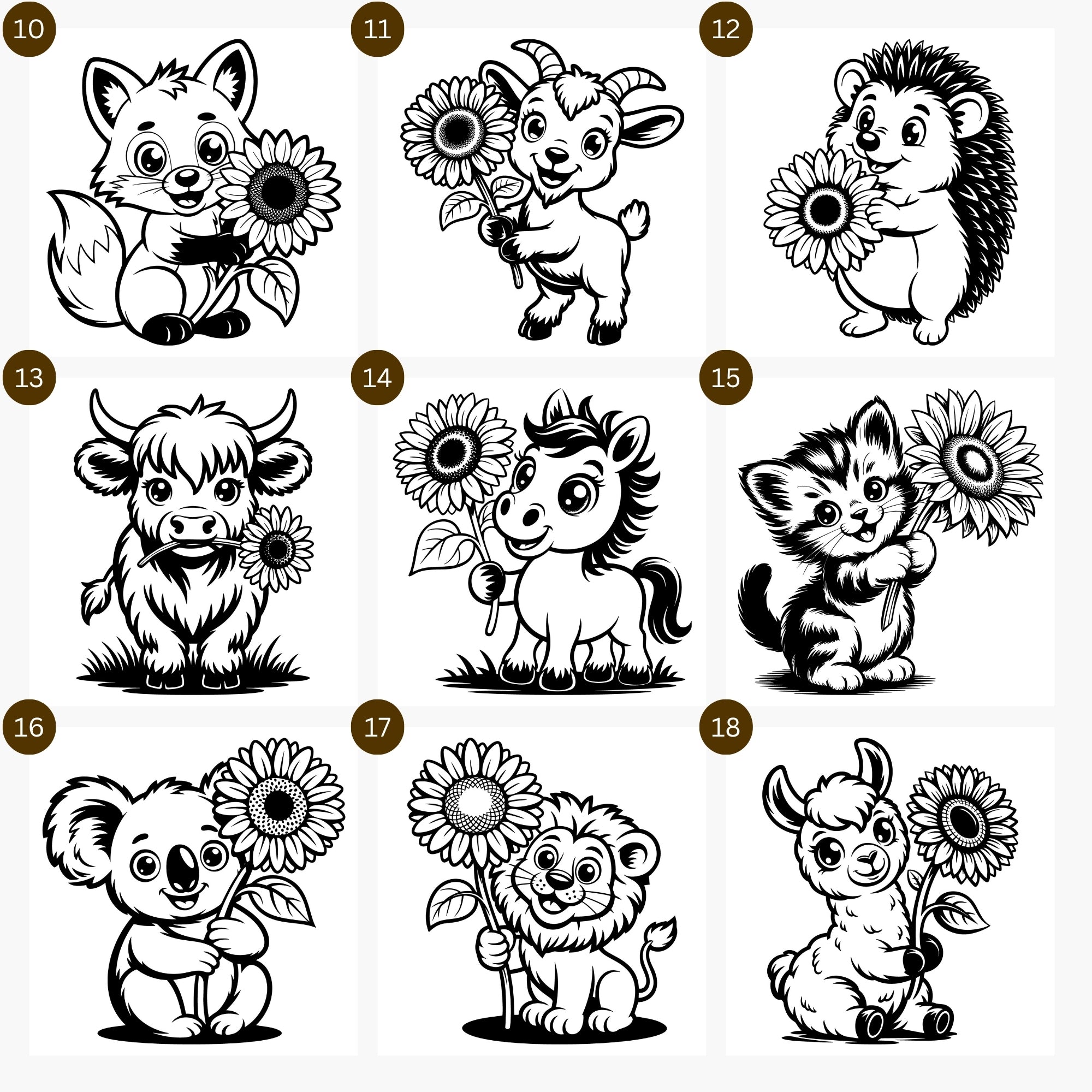 Illustrations of various animals holding sunflowers svg