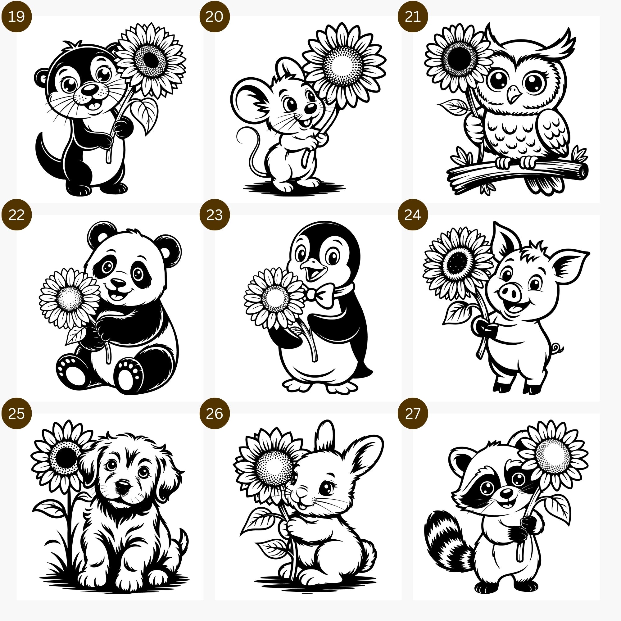 Illustrations of various animals holding sunflowers svg.