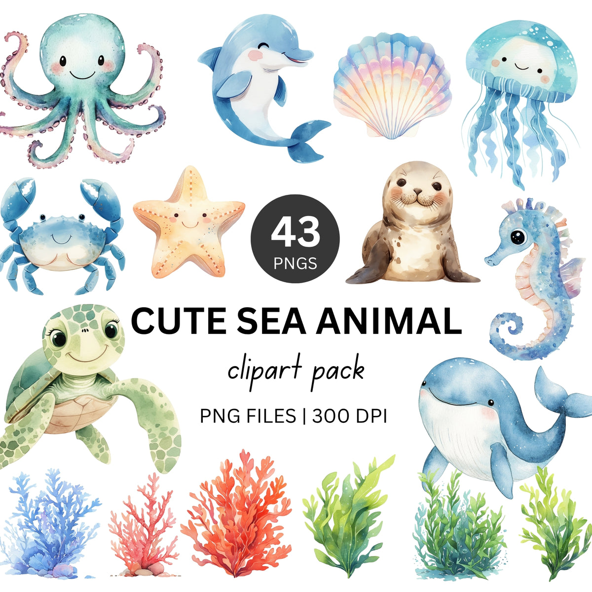 Cute Sea Animals Clipart Pack