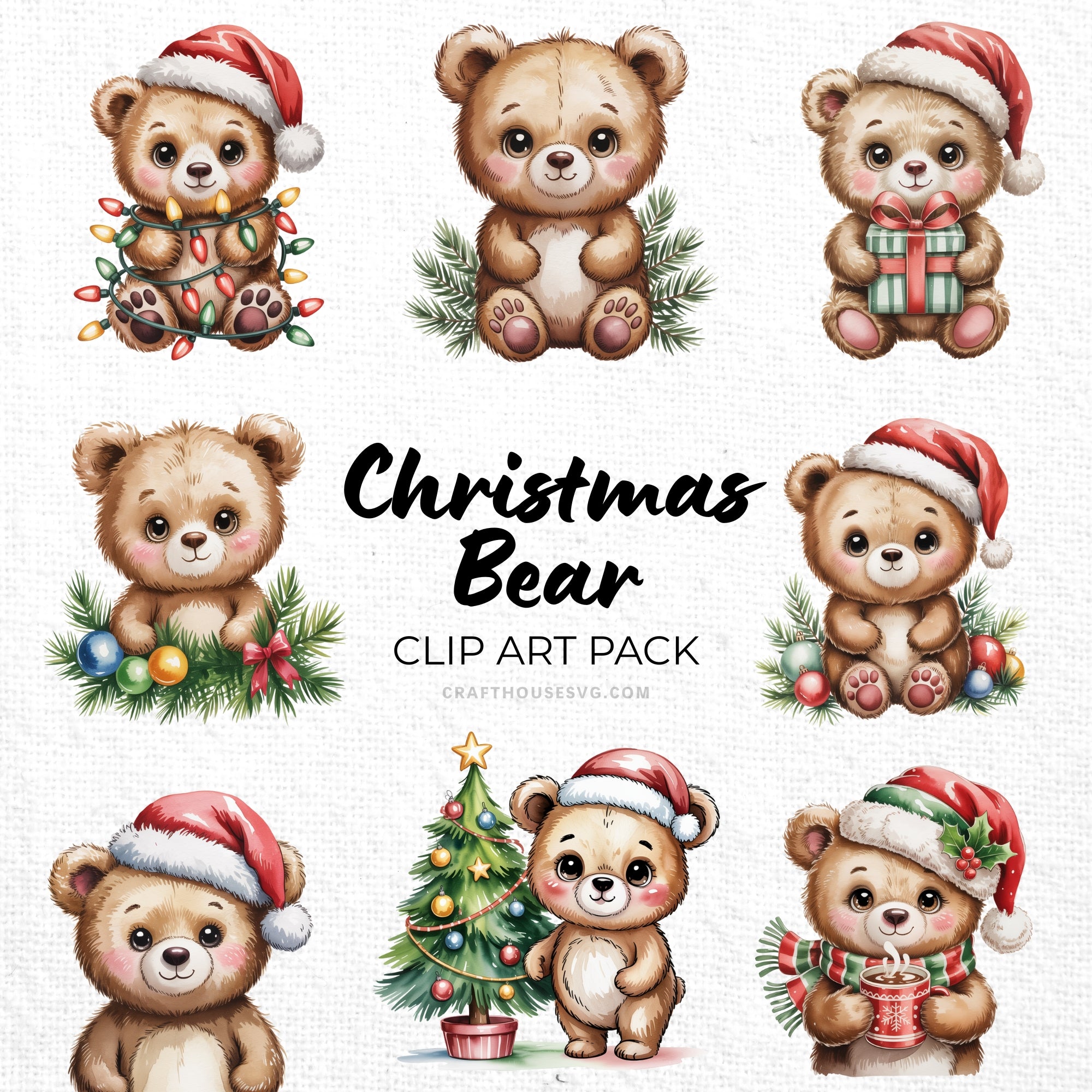 Christmas Bear Clipart Pack Sublimation Bundle PNG