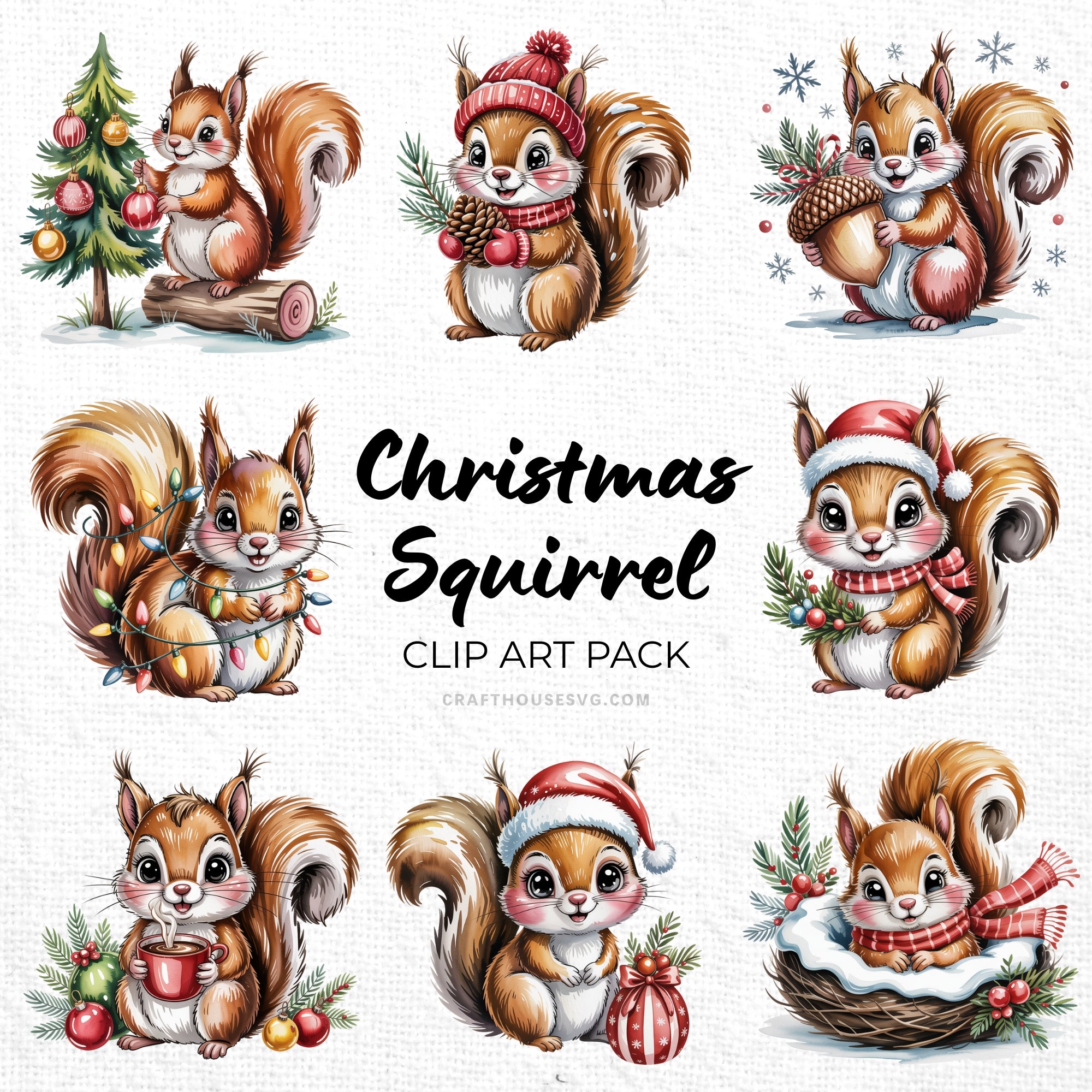 Christmas Squirrel Clipart Pack Sublimation Bundle PNG