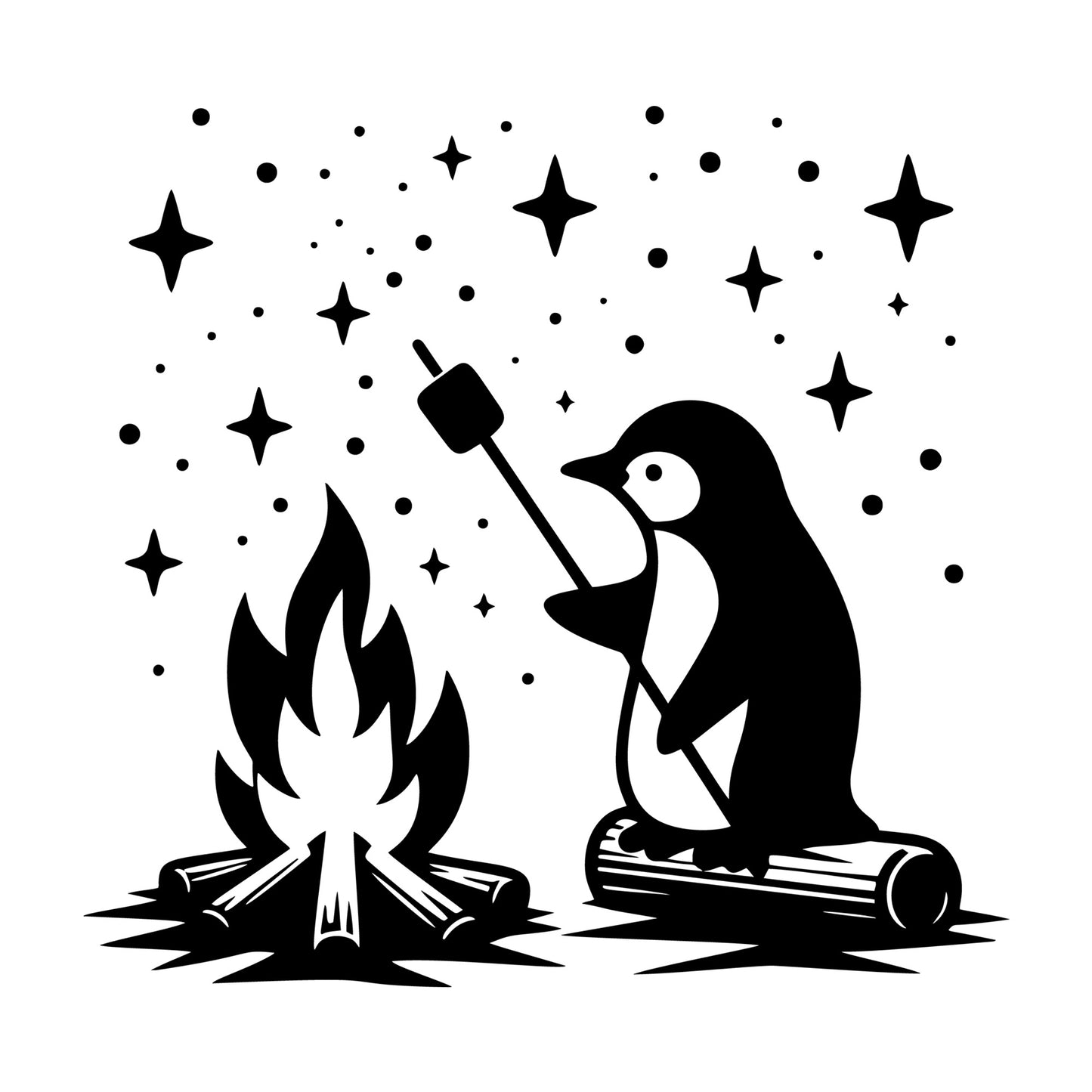 A Penguin Roasting Marshmellow SVG design for Cricut, Silhouette, laser cutting, vinyl, sublimation, and craft projects.