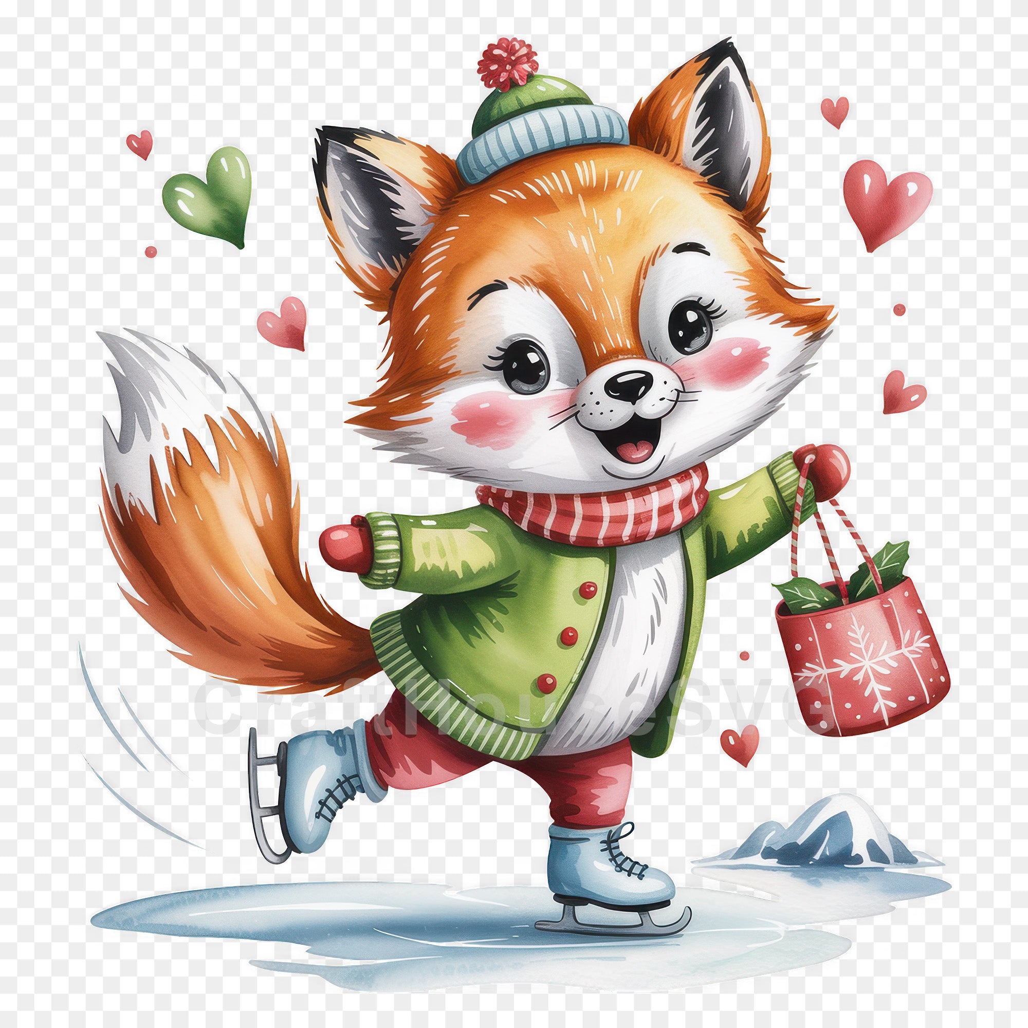 Adorable Skating Christmas Fox PNG Clip Art Sublimation