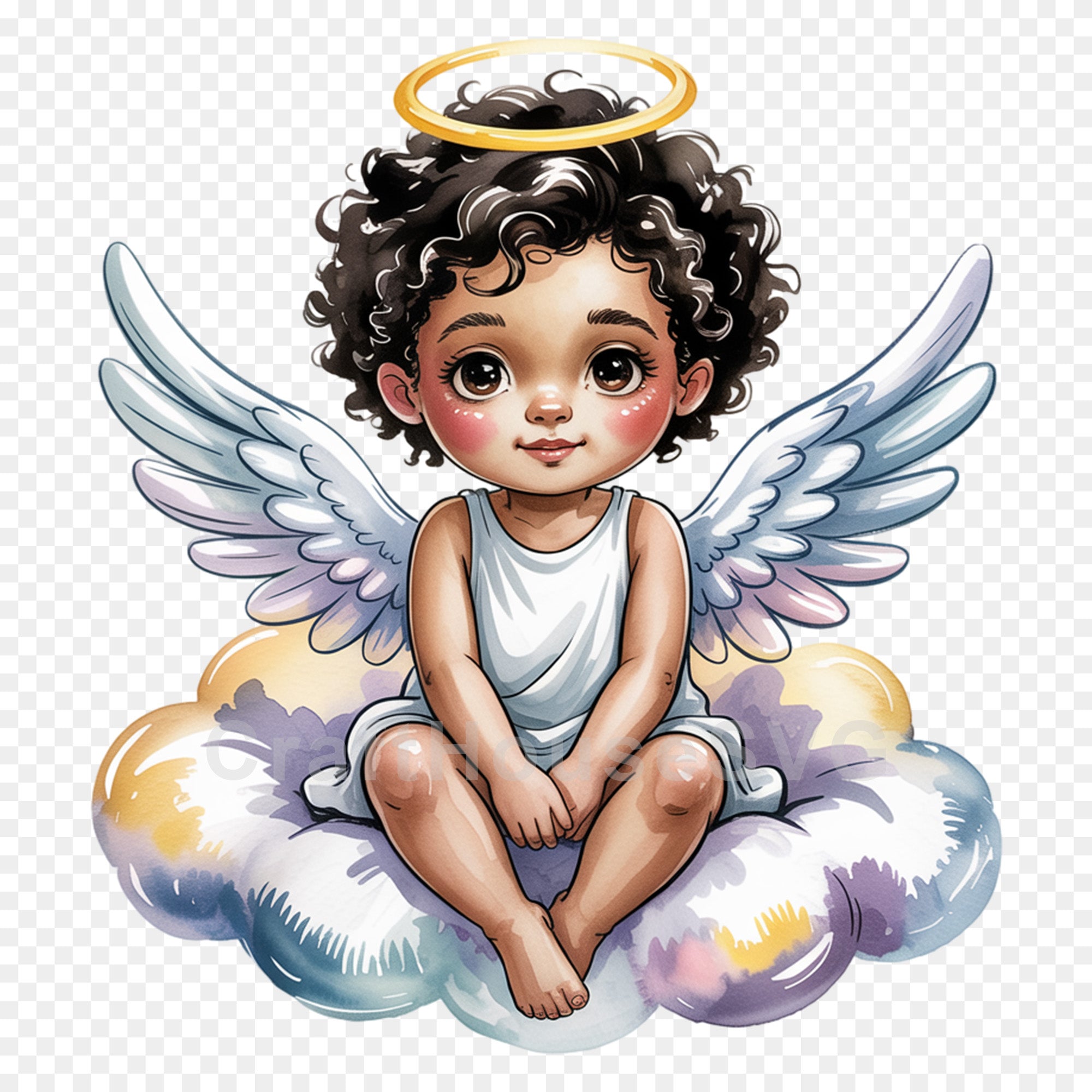 African American Angel on Cloud PNG Clip Art Sublimation