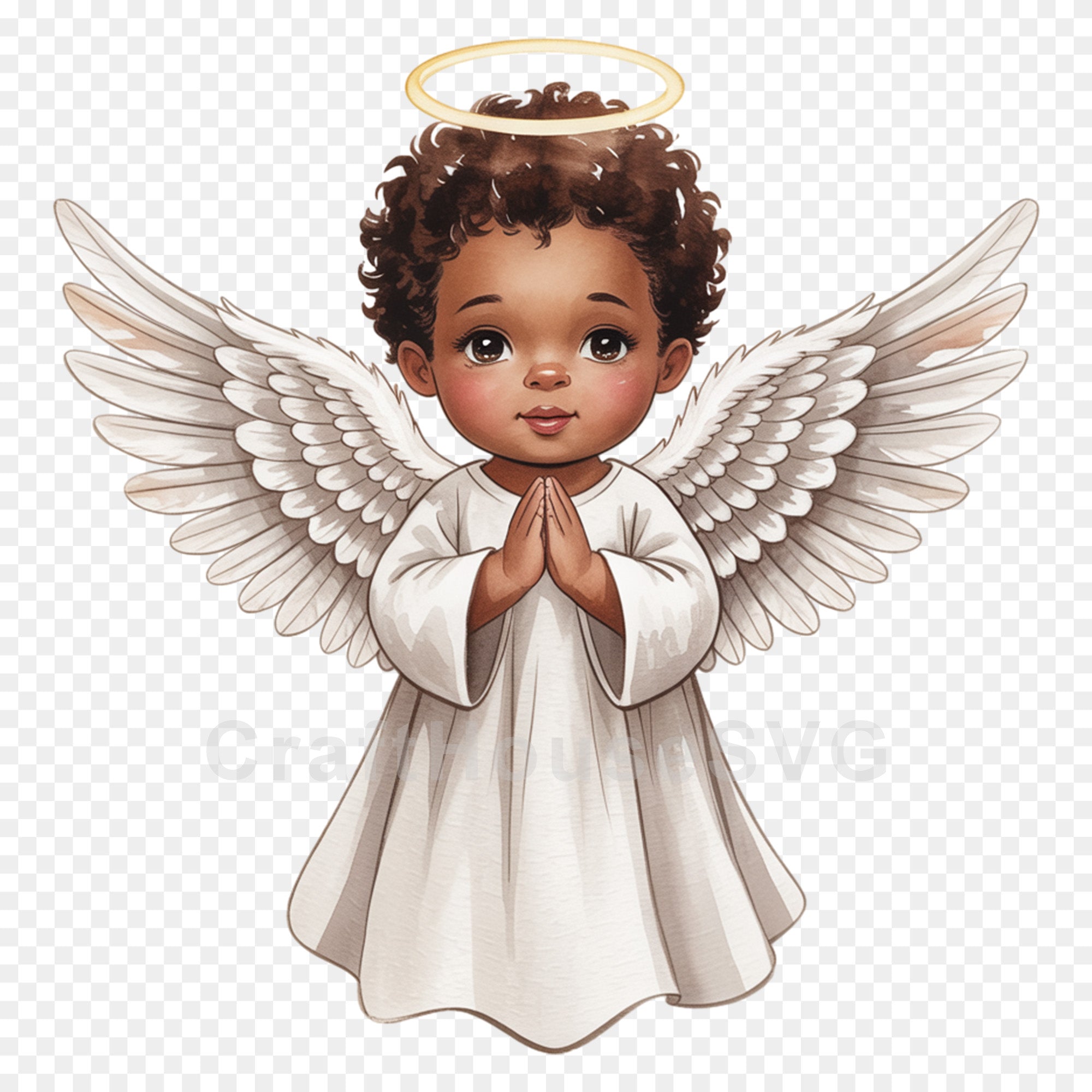 African American Angel with Halo PNG Clip Art Sublimation