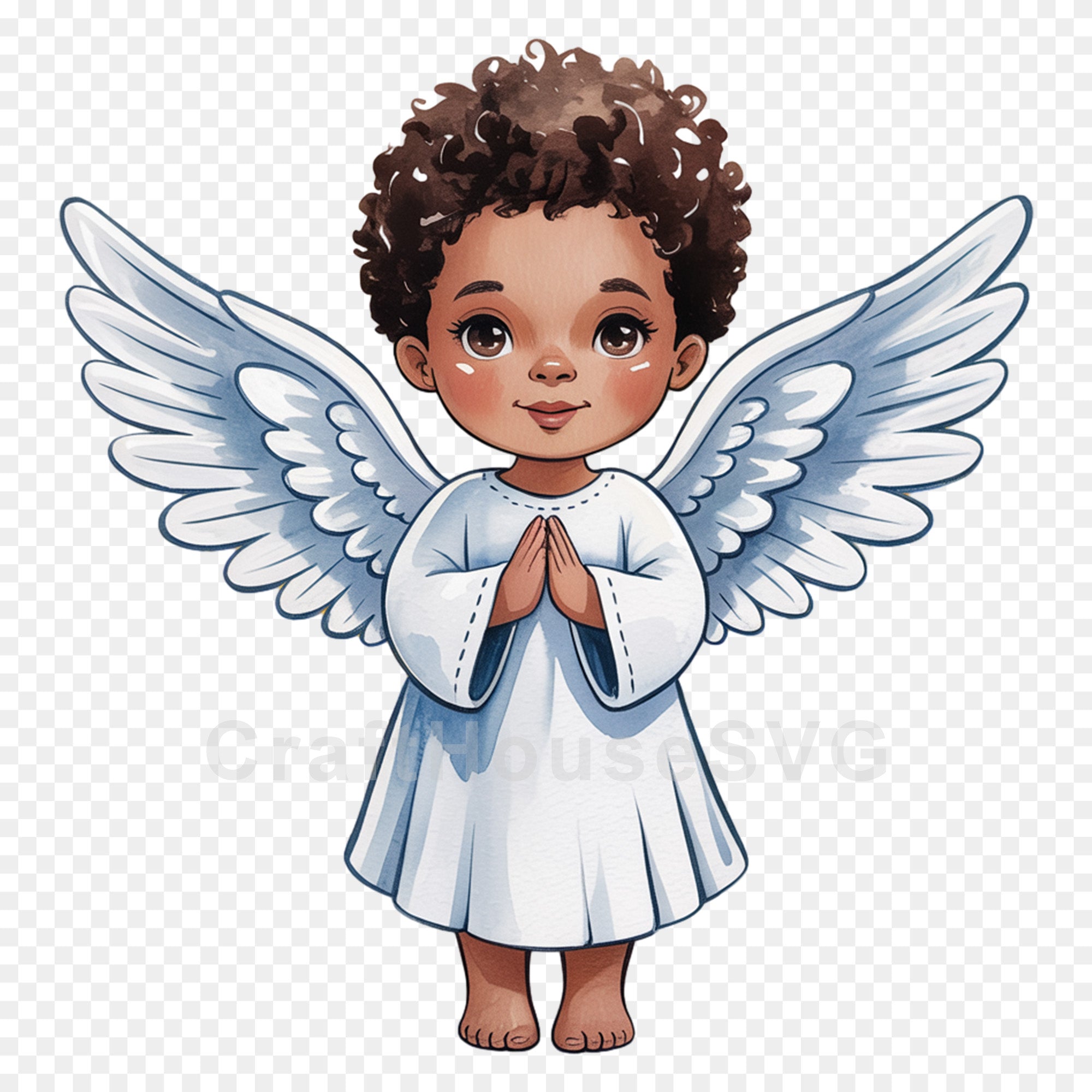 African American Angel with Open Wings PNG Clip Art Sublimation