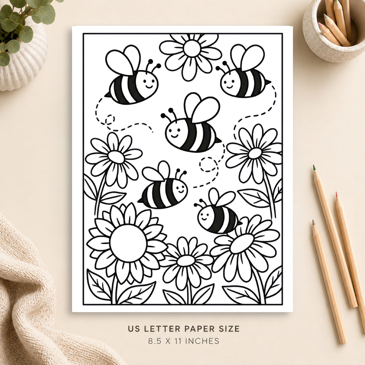 Bees and Flowers Coloring Page 2