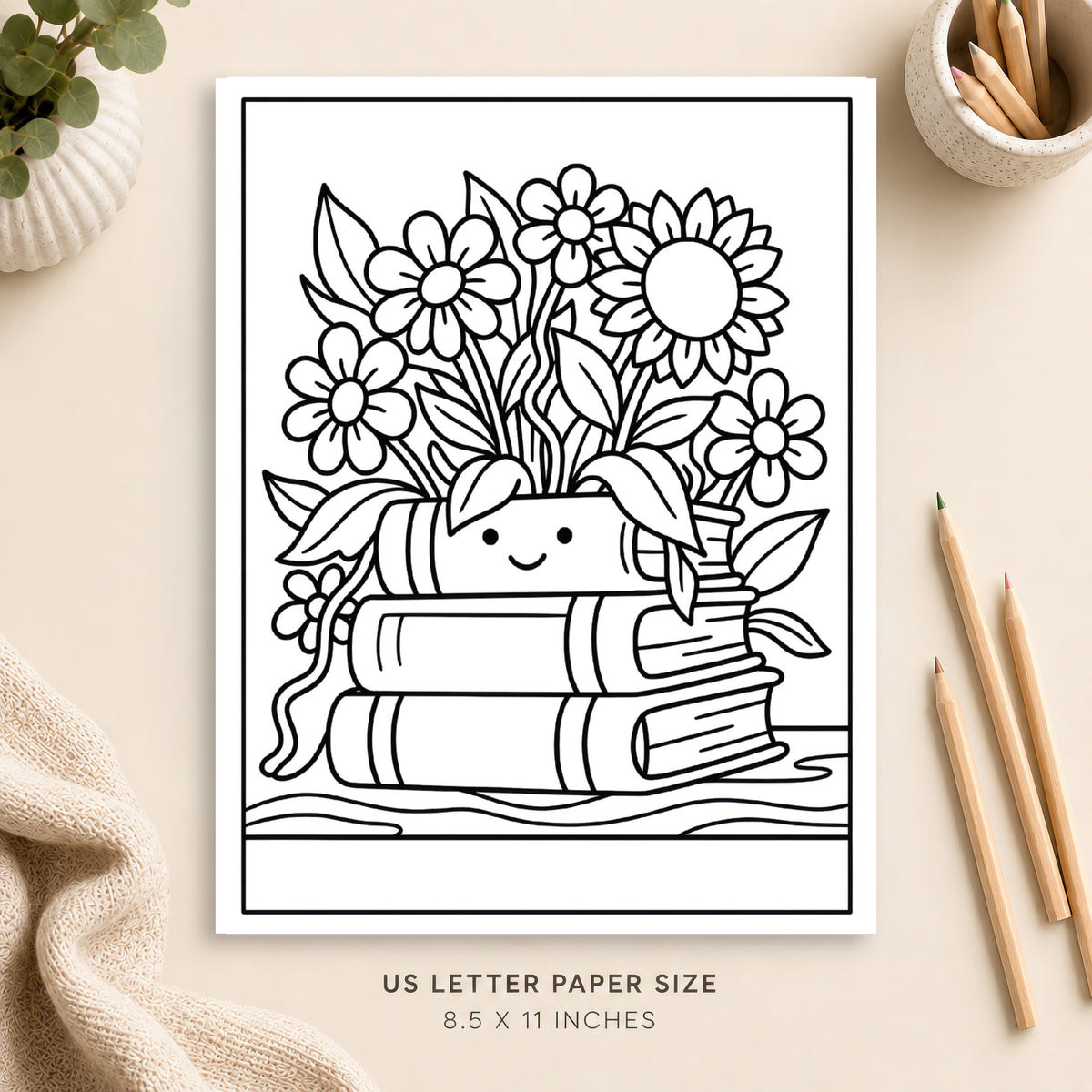 Books and Flowers Coloring Page 4