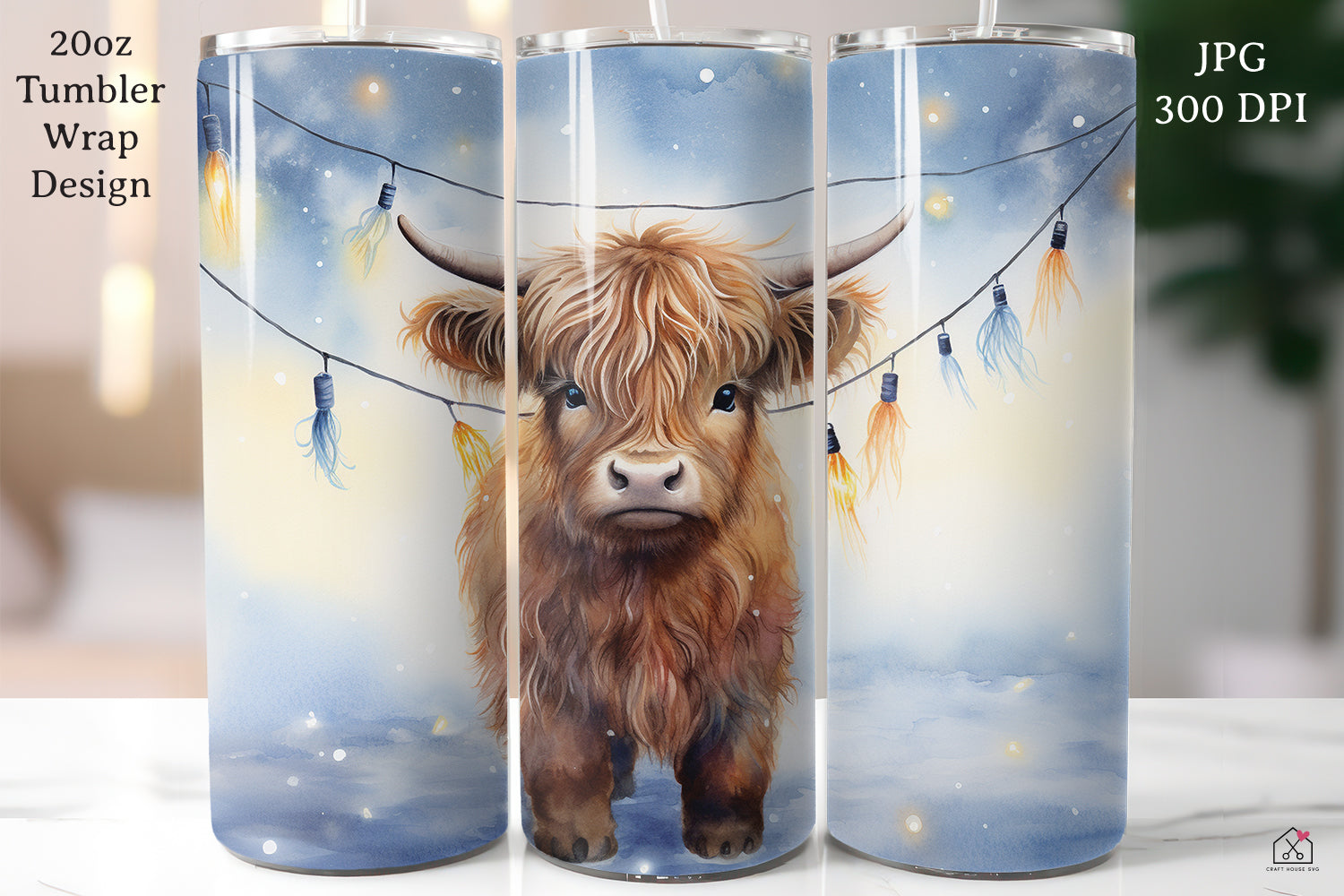 Highland Cow Sublimation Design Christmas 20oz Tumbler Wrap JPG