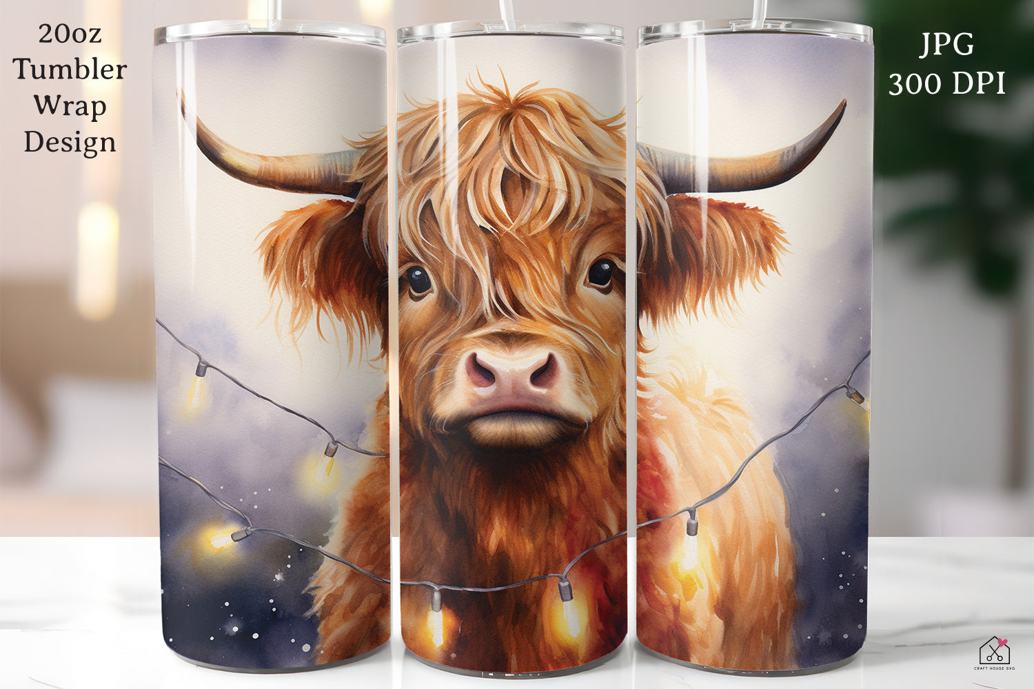 Highland Cow Sublimation Design Christmas 20oz Tumbler Wrap JPG