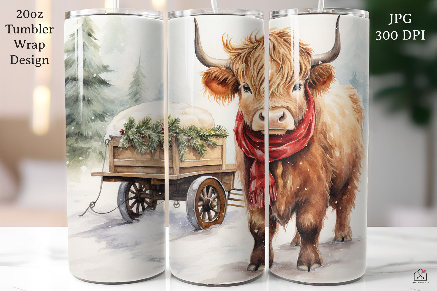 Highland Cow Sublimation Design Christmas 20oz Tumbler Wrap JPG