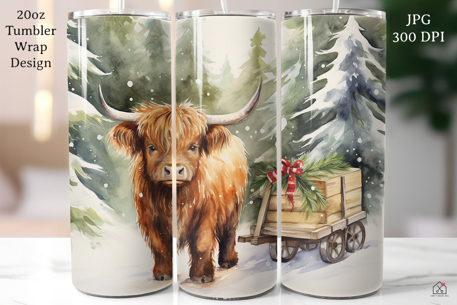 Highland Cow Sublimation Design Christmas 20oz Tumbler Wrap Jpg