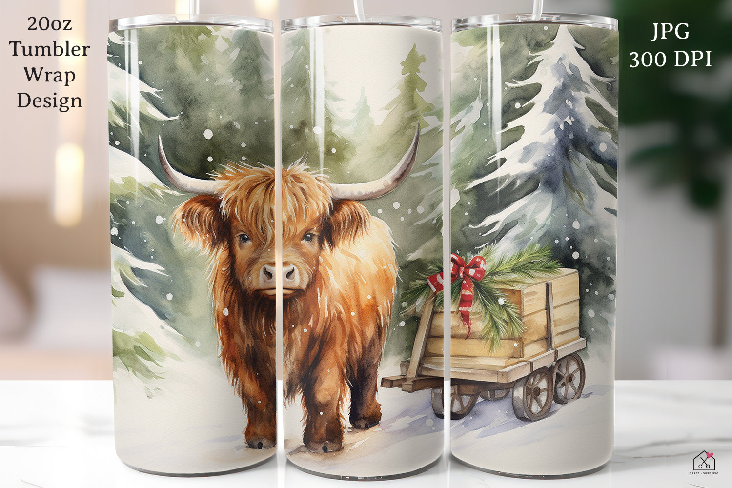 Highland Cow Sublimation Design Christmas 20oz Tumbler Wrap JPG