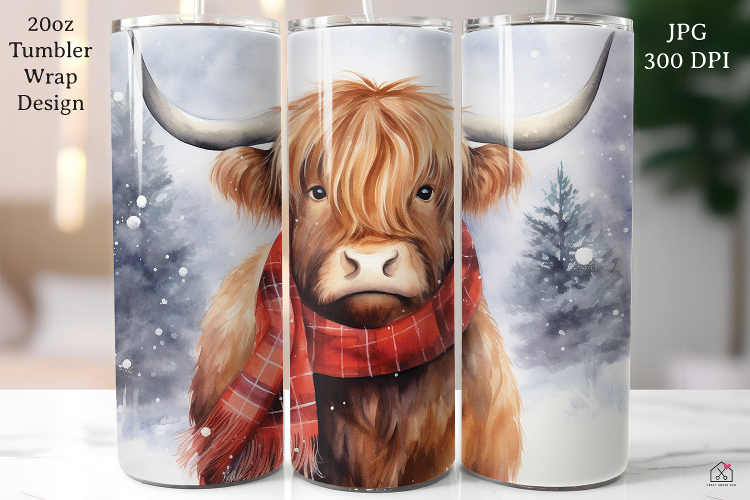 Highland Cow Sublimation Design Christmas 20oz Tumbler Wrap JPG