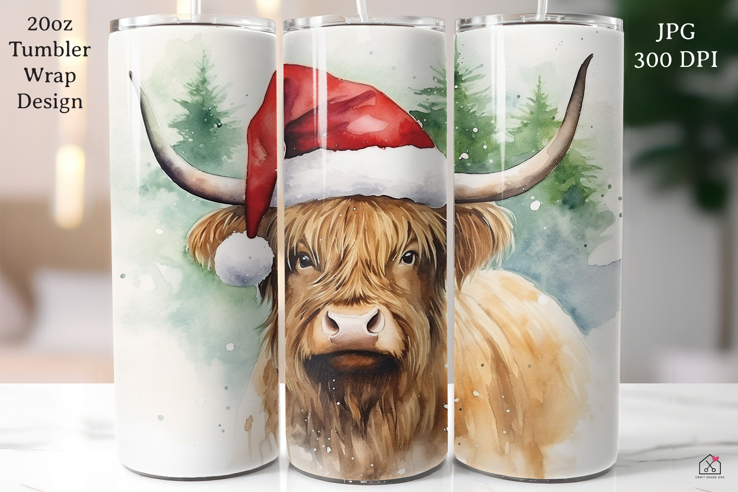 Highland Cow Sublimation Design Christmas 20oz Tumbler Wrap JPG