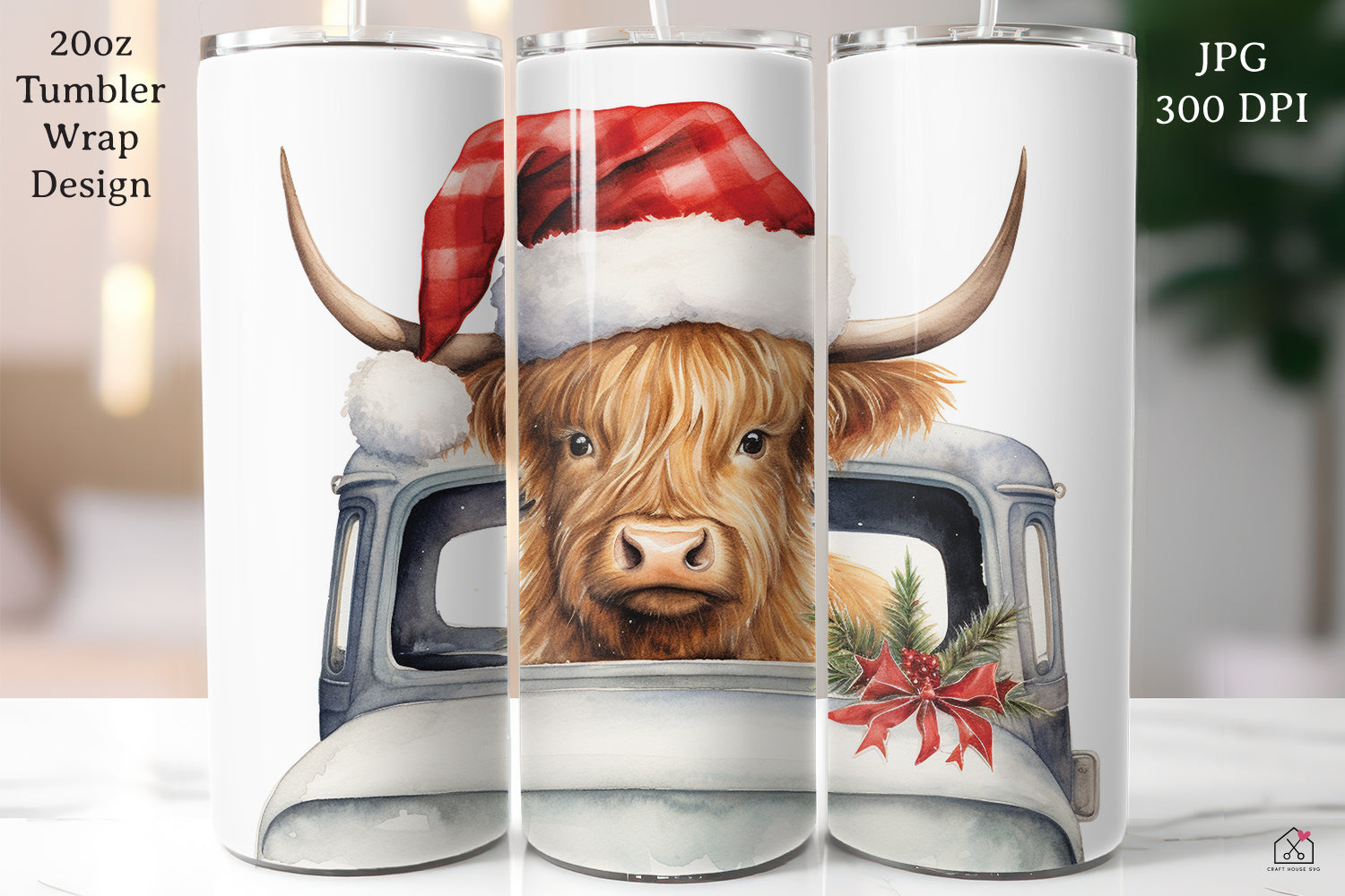 Highland Cow Sublimation Design Christmas 20oz Tumbler Wrap JPG