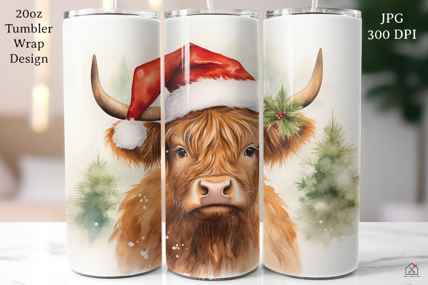 Highland Cow Sublimation Design Christmas 20oz Tumbler Wrap JPG