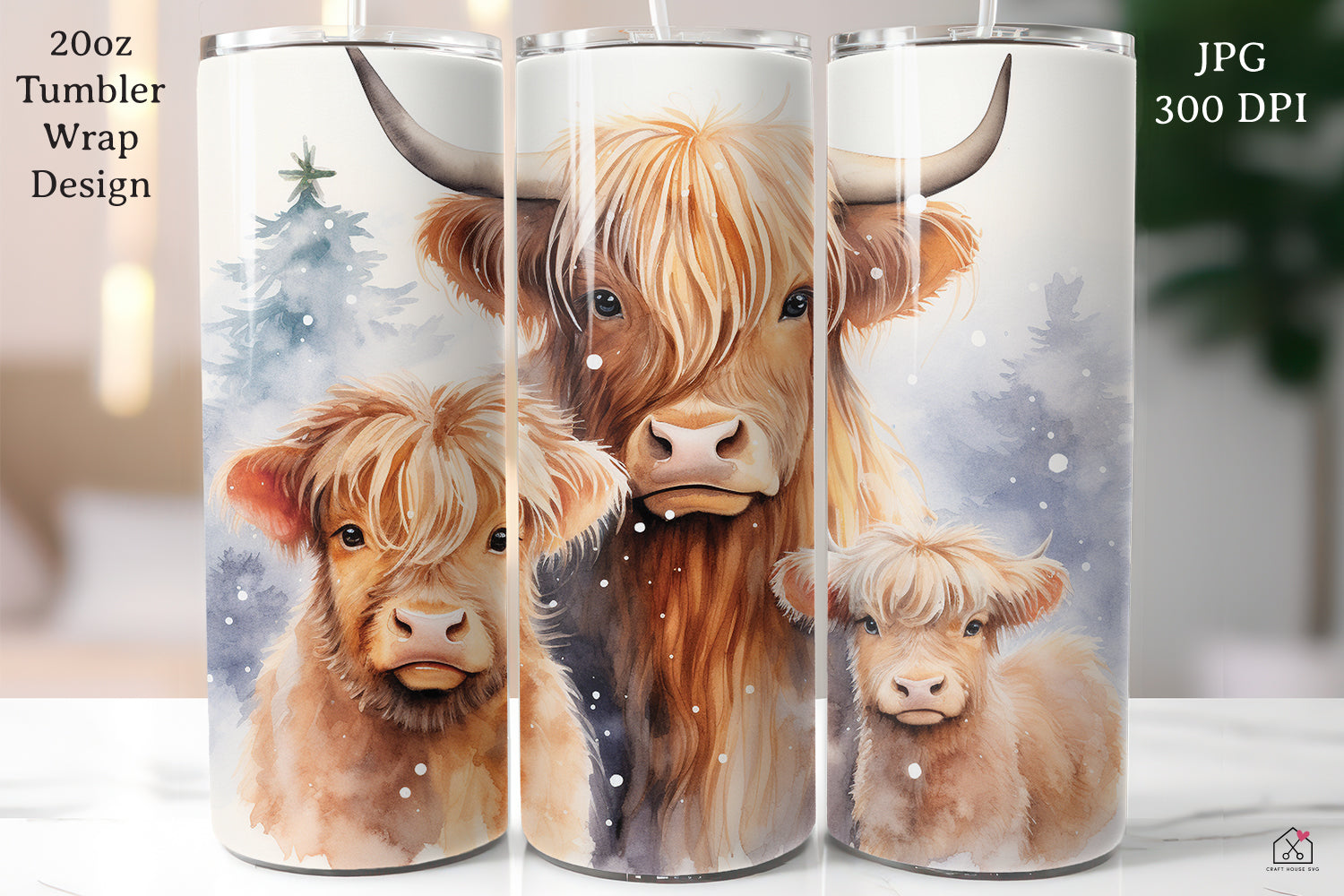 Highland Cow Sublimation Design Christmas 20oz Tumbler Wrap JPG