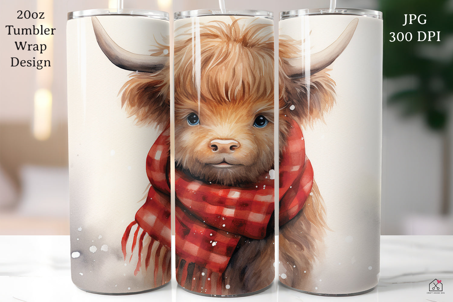 Highland Cow Sublimation Design Christmas 20oz Tumbler Wrap JPG