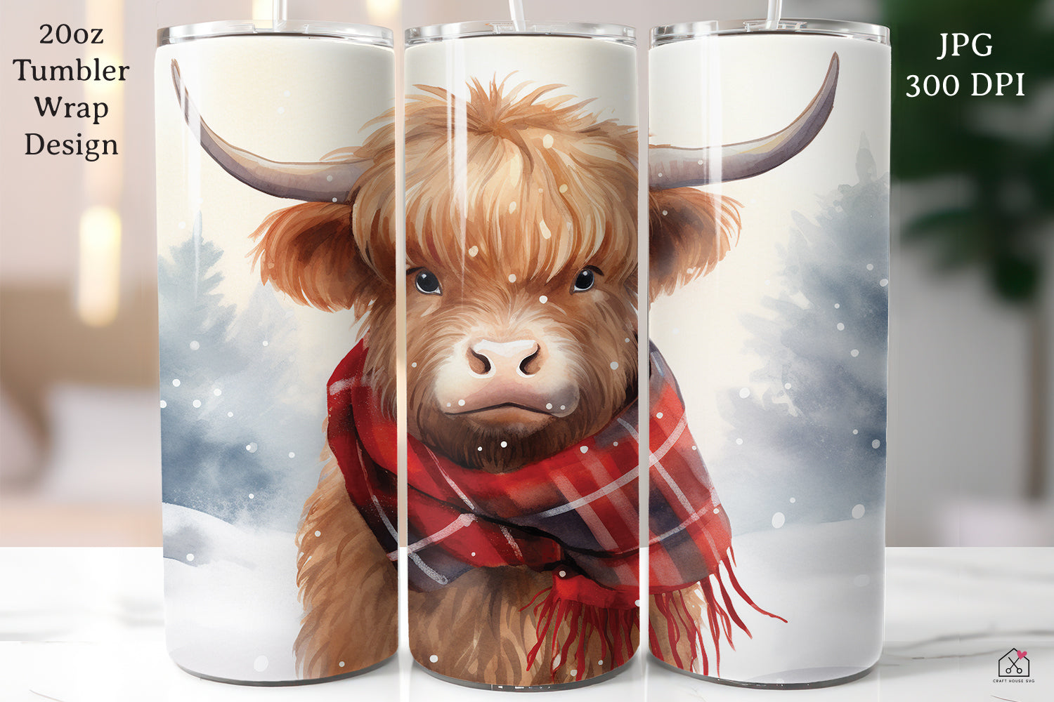 Highland Cow Sublimation Design Christmas 20oz Tumbler Wrap JPG