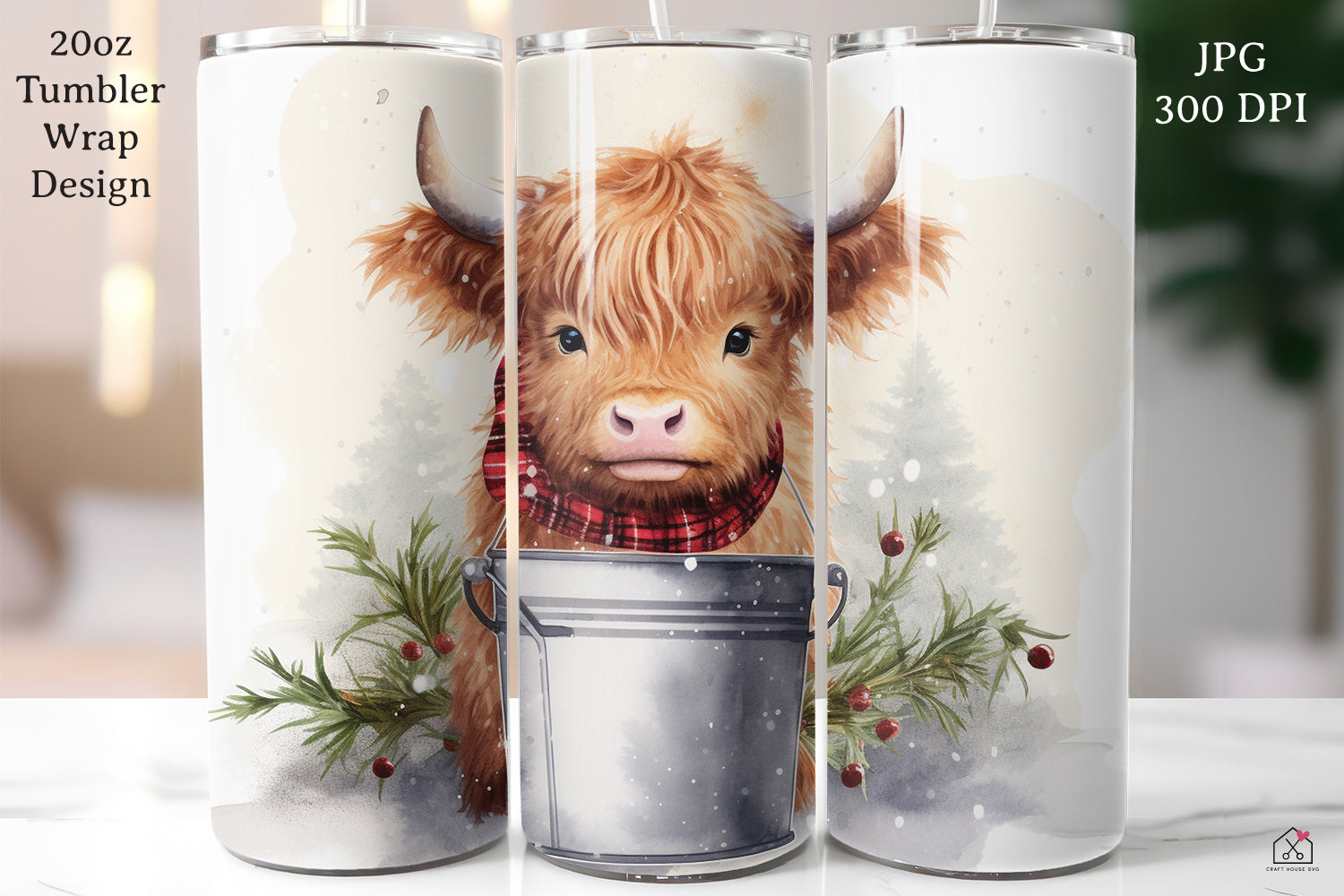 Highland Cow Sublimation Design Christmas 20oz Tumbler Wrap JPG