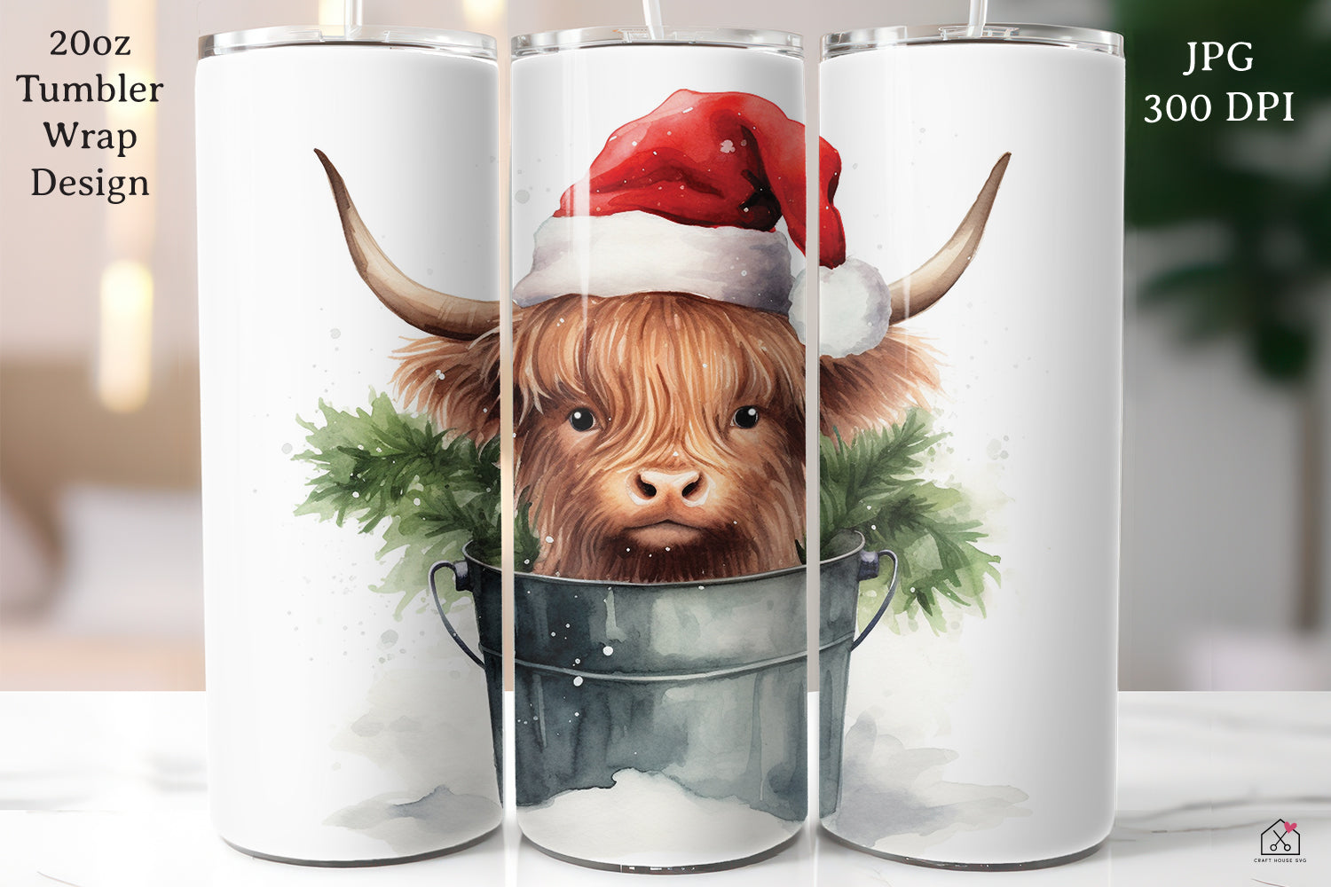 Highland Cow Sublimation Design Christmas 20oz Tumbler Wrap JPG