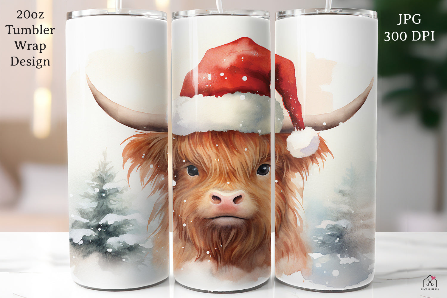 Highland Cow Sublimation Design Christmas 20oz Tumbler Wrap JPG