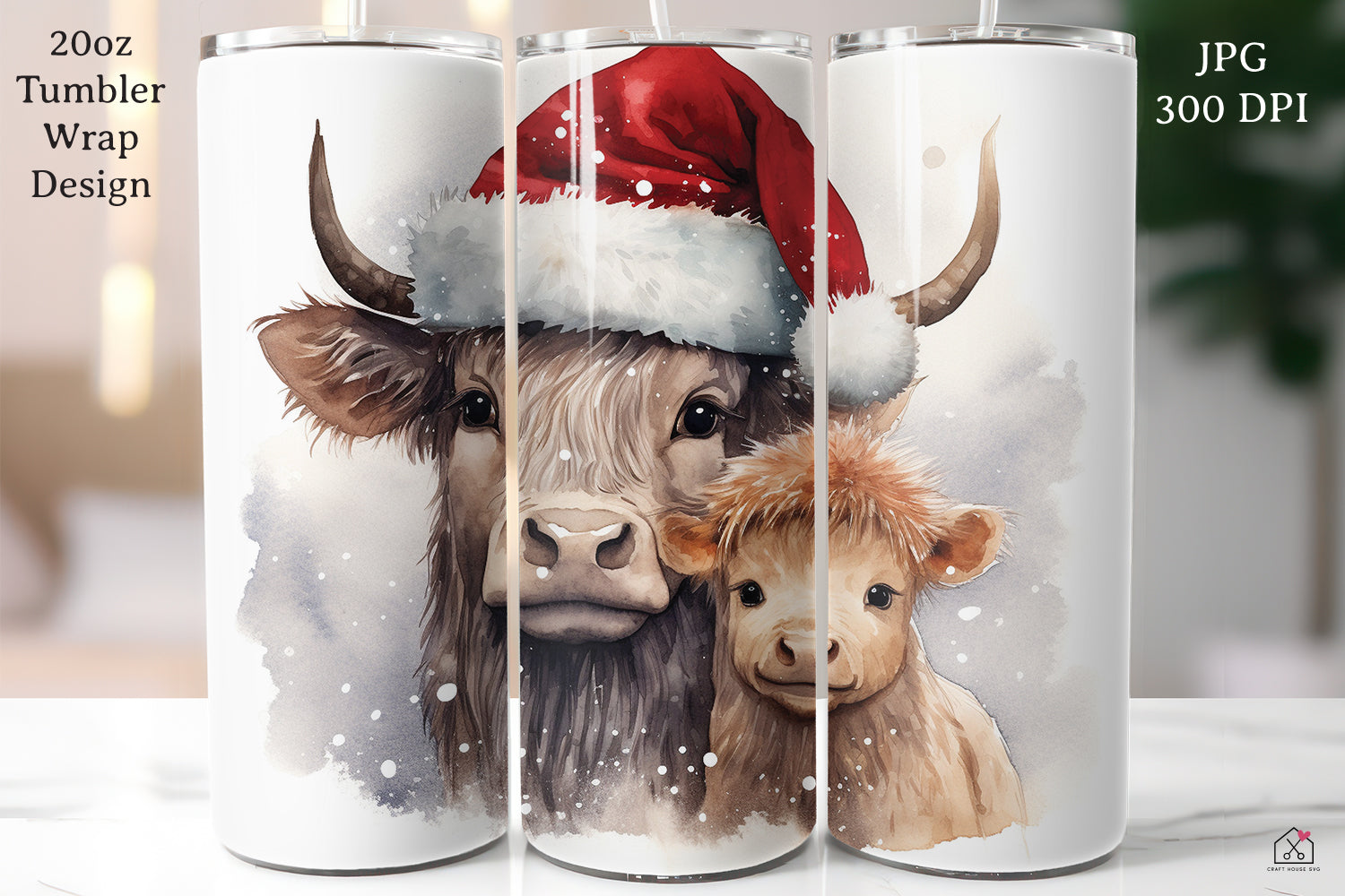 Highland Cow Sublimation Design Christmas 20oz Tumbler Wrap JPG