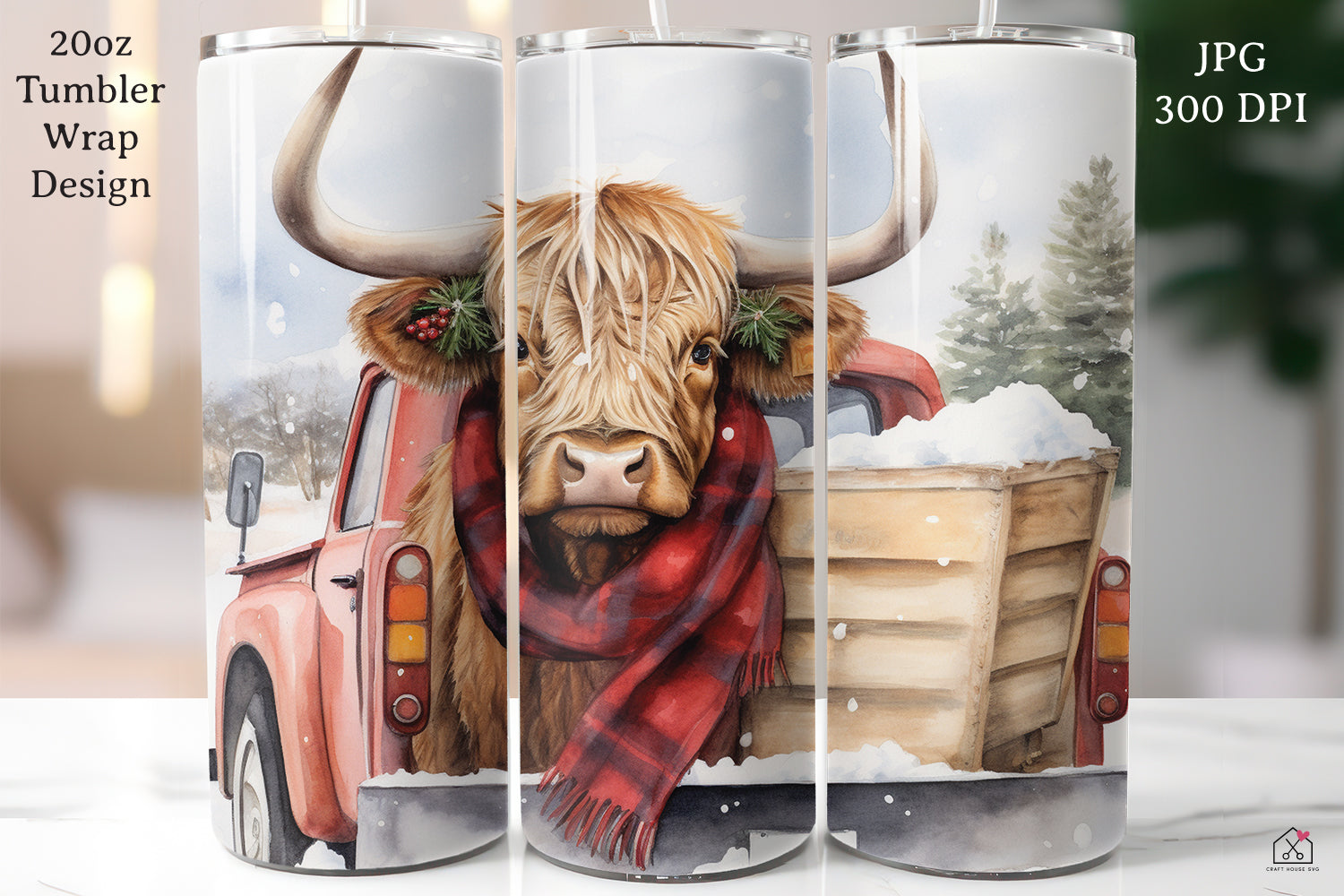 Highland Cow Sublimation Design Christmas 20oz Tumbler Wrap JPG