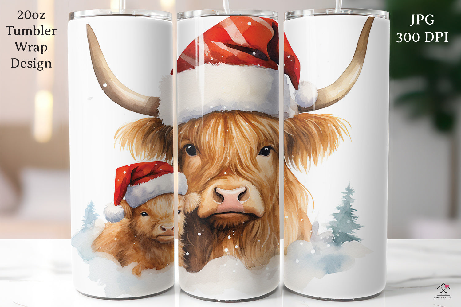 Highland Cow Sublimation Design Christmas 20oz Tumbler Wrap JPG