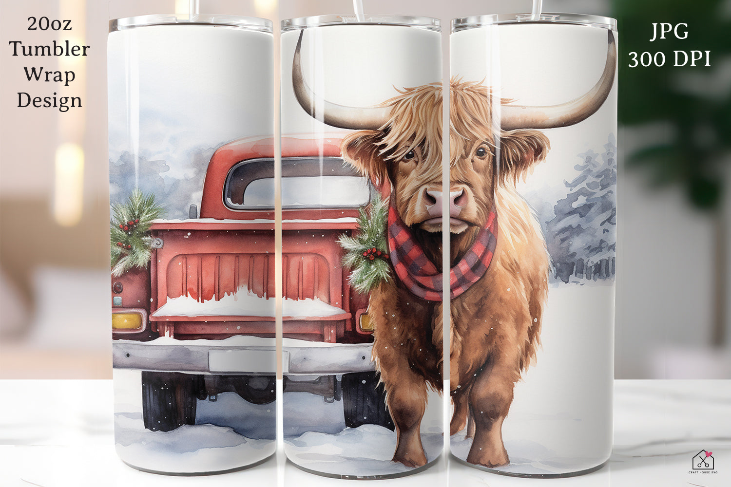 Highland Cow Sublimation Design Christmas 20oz Tumbler Wrap JPG