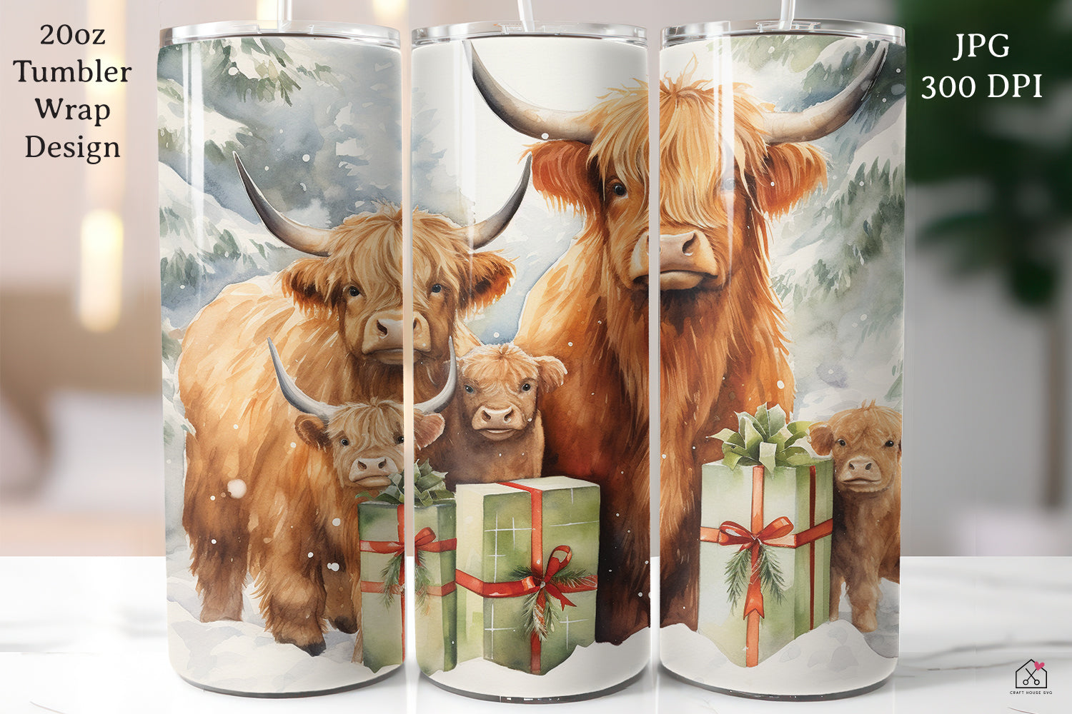 Highland Cow Sublimation Design Christmas 20oz Tumbler Wrap JPG