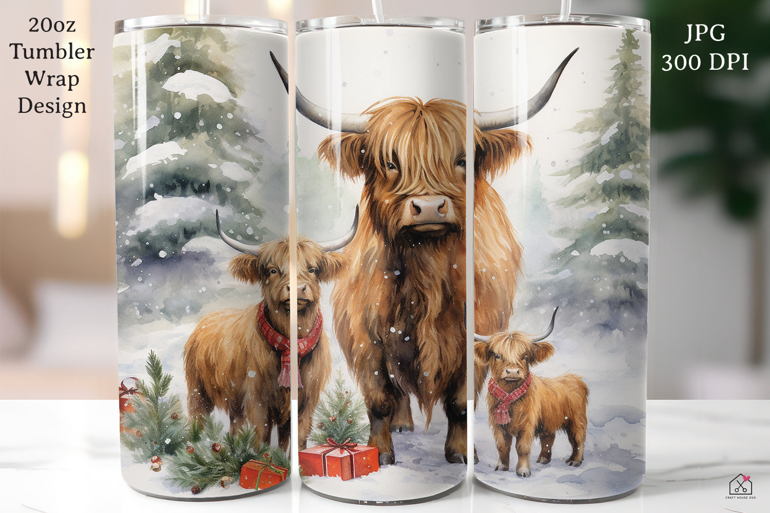 Highland Cow Sublimation Design Christmas 20oz Tumbler Wrap JPG