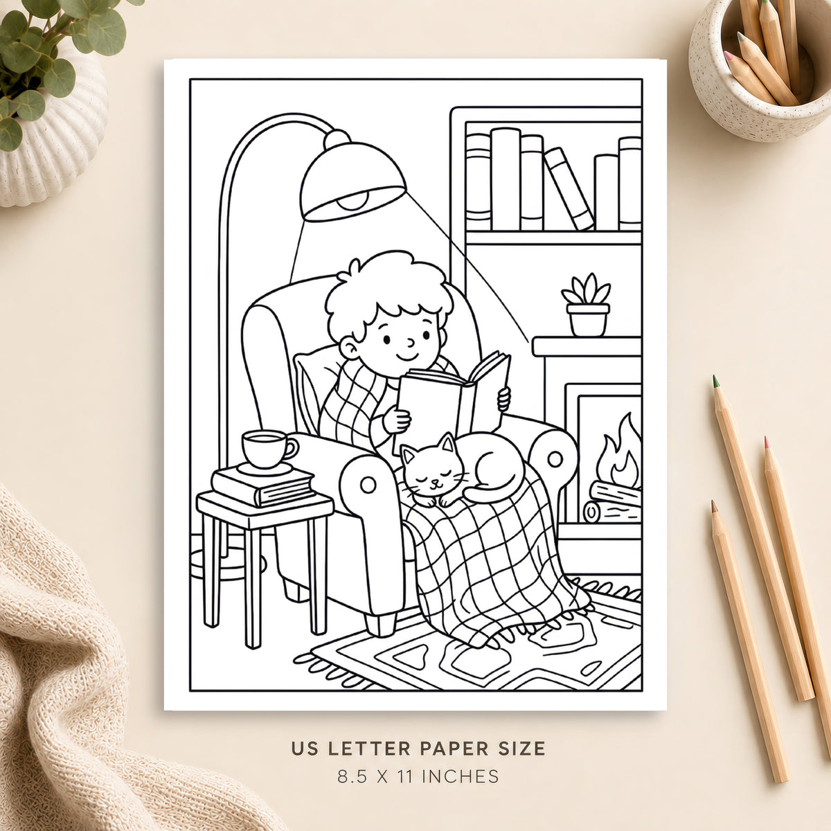 Cozy Book Lovers Coloring Page 1