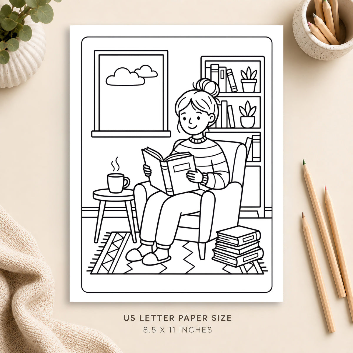 Cozy Book Lovers Coloring Page 7