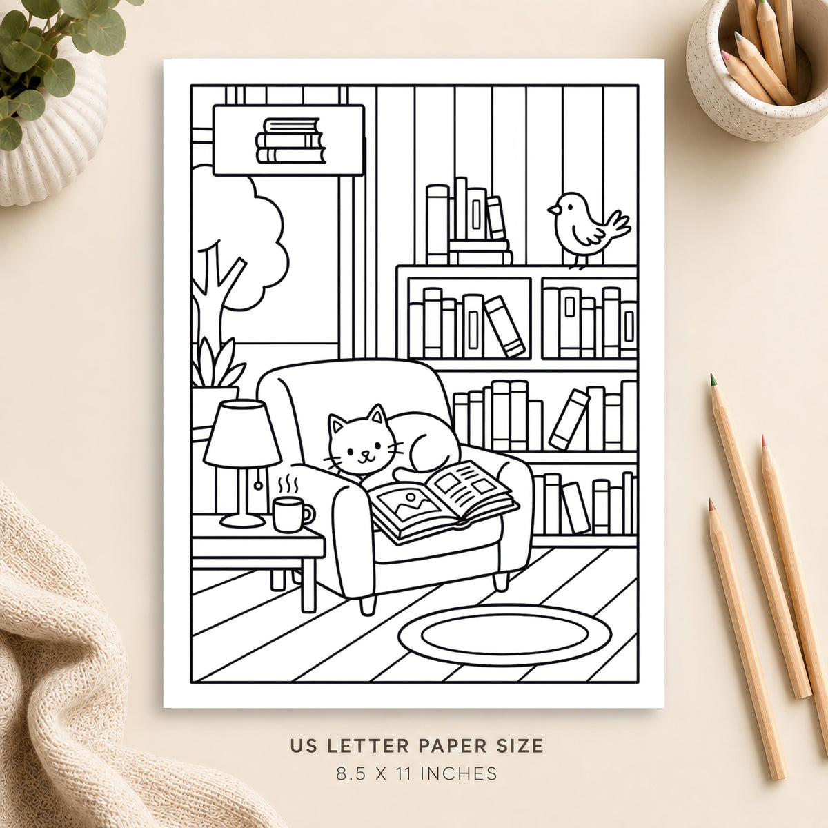 Cozy Bookstore Coloring Page 1