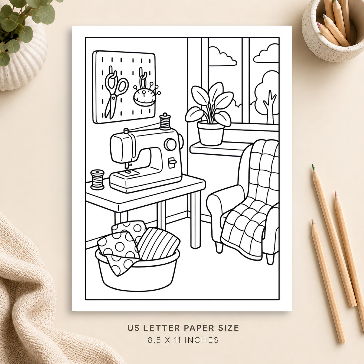 Cozy Sewing Room Coloring Page 5