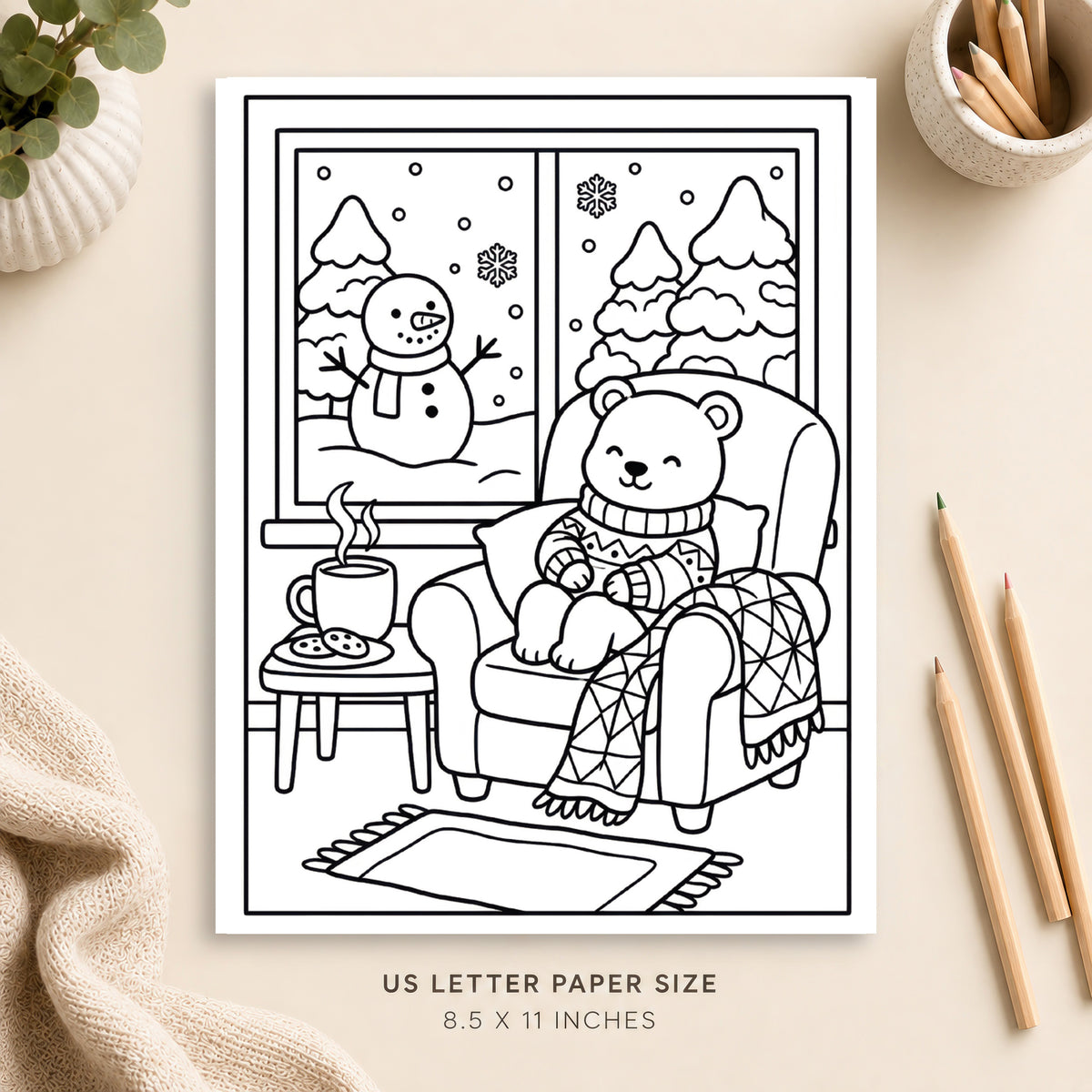 Cozy Snow Day Coloring Page 1