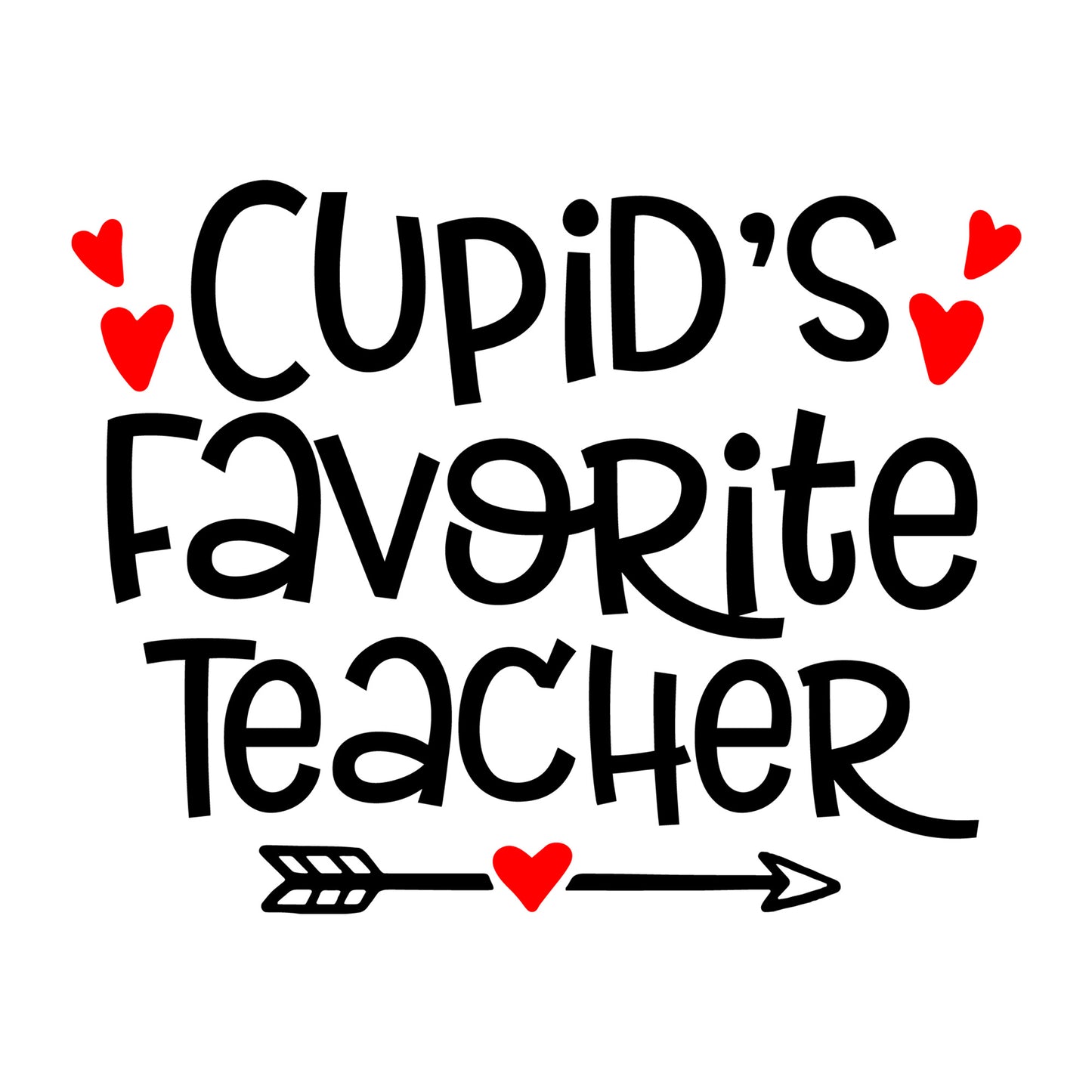 Cupid's Favorite Teacher SVG design for Cricut, Silhouette, laser cutting, vinyl, sublimation, teacher shirts, Valentine shirts, decals, mugs, and DIY craft projects.