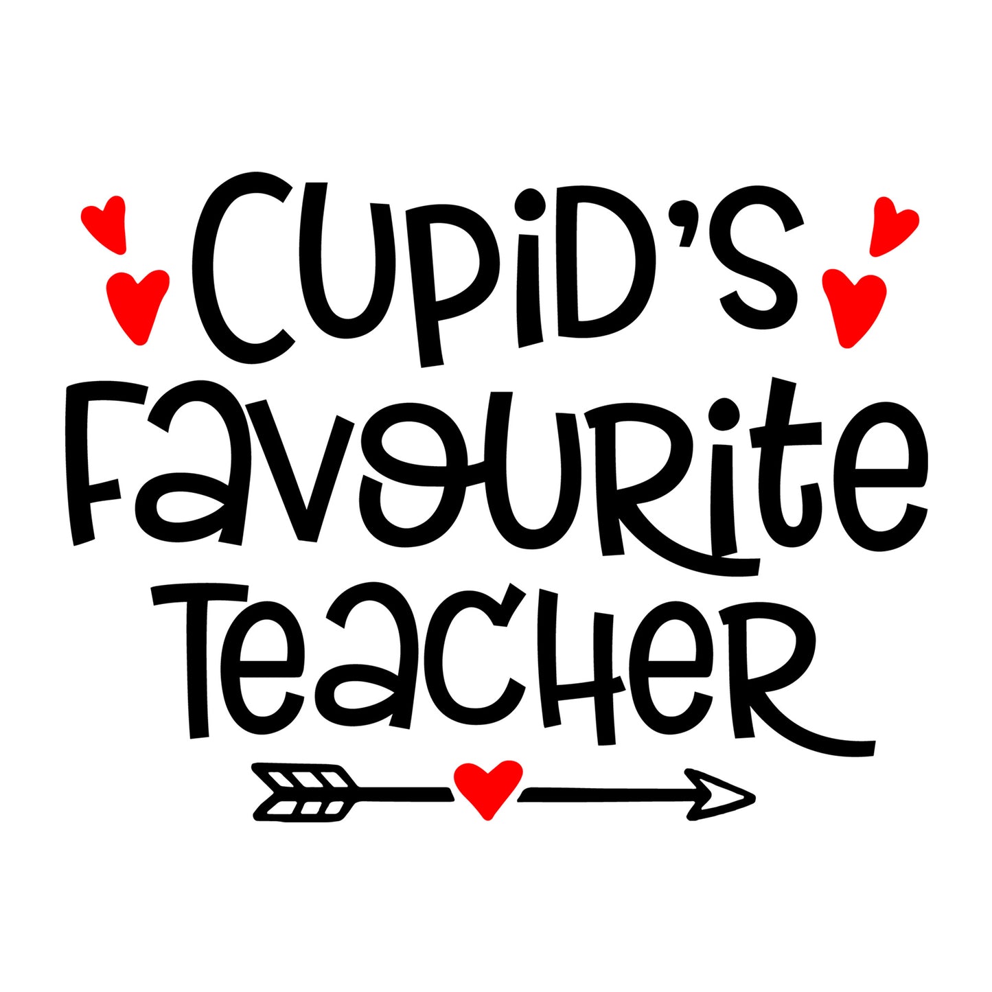 Cupid's Favourite Teacher SVG design for Cricut, Silhouette, laser cutting, vinyl, sublimation, teacher shirts, Valentine shirts, decals, mugs, and DIY craft projects.